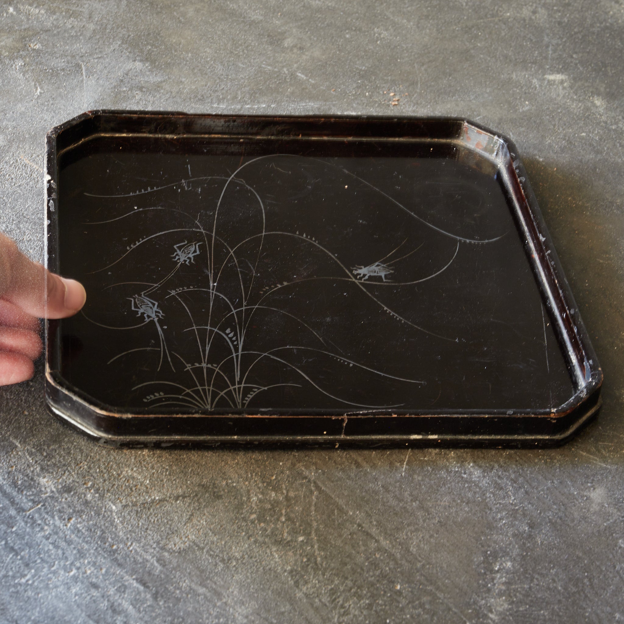 TRAY WITH ANGLED CORNERS, Maki-e with autumn grasses and crickets design, Edo Period(1603–1867CE)