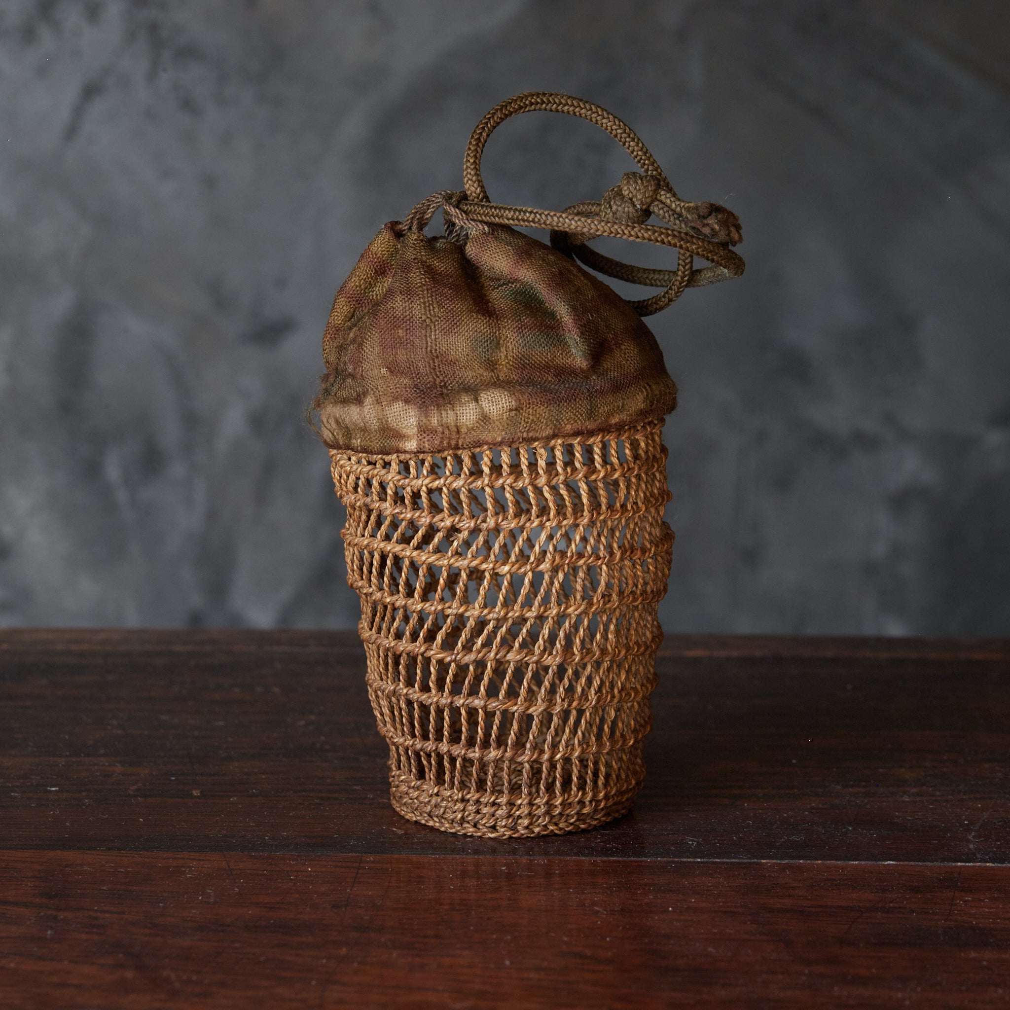 OLD STORAGE BASKET FOR TEACUPS / DRAWSTRING POUCH, Taisho Period(1912–1926CE)