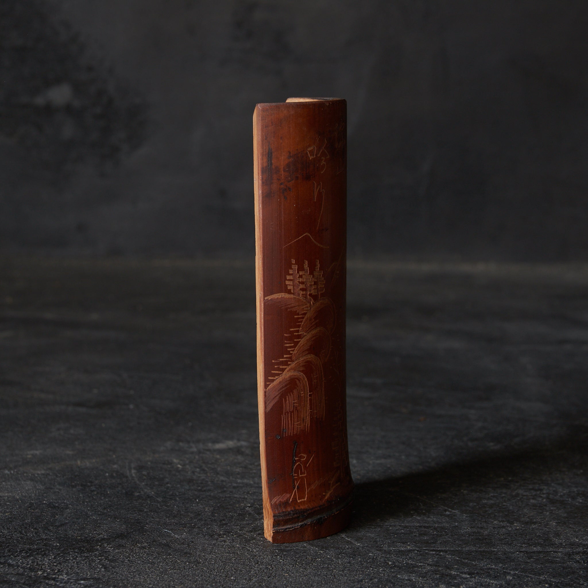 BAMBOO TEA SCOOP, Carved with landscape design, Meiji Period(1868–1912CE)