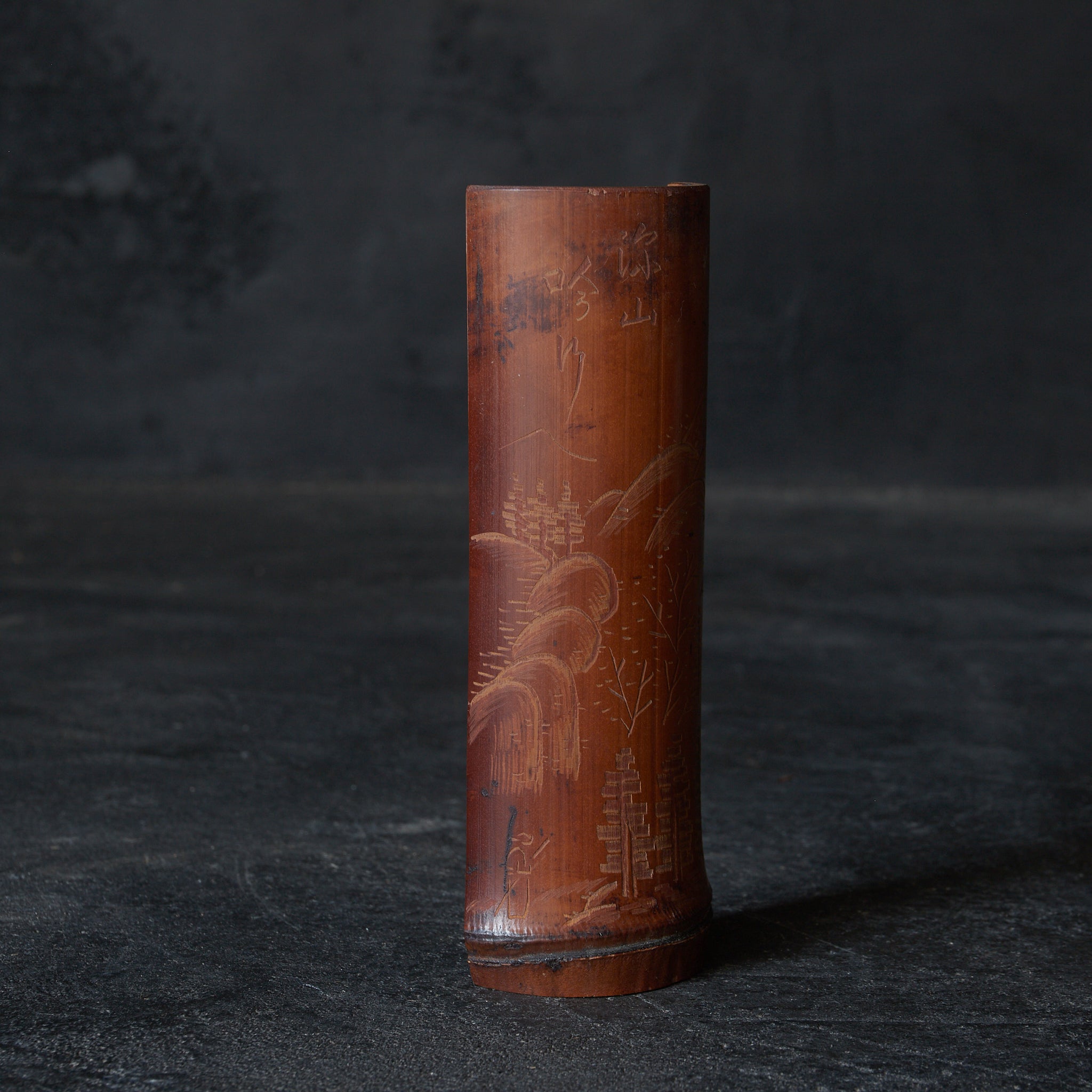 BAMBOO TEA SCOOP, Carved with landscape design, Meiji Period(1868–1912CE)