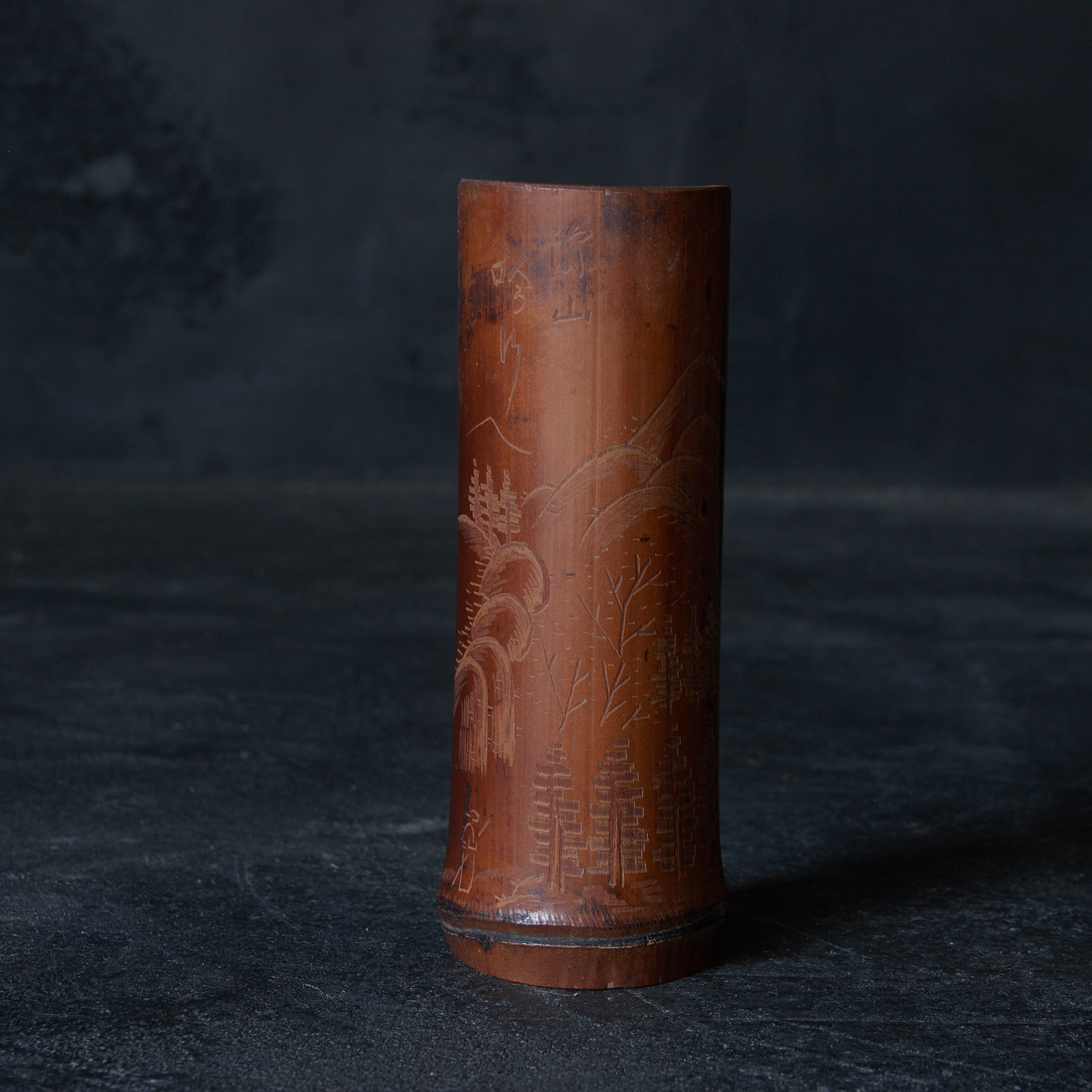 BAMBOO TEA SCOOP, Carved with landscape design, Meiji Period(1868–1912CE)