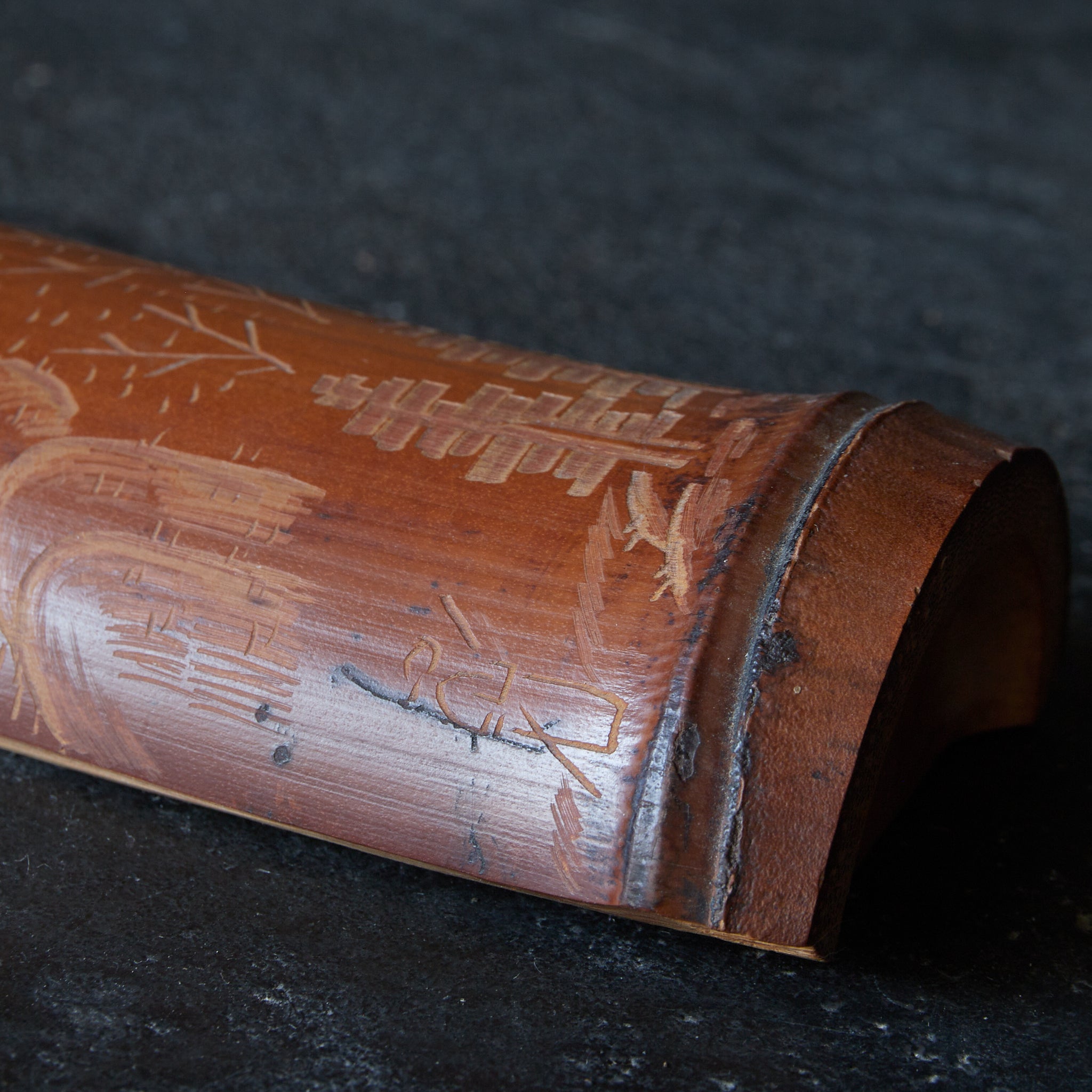 BAMBOO TEA SCOOP, Carved with landscape design, Meiji Period(1868–1912CE)