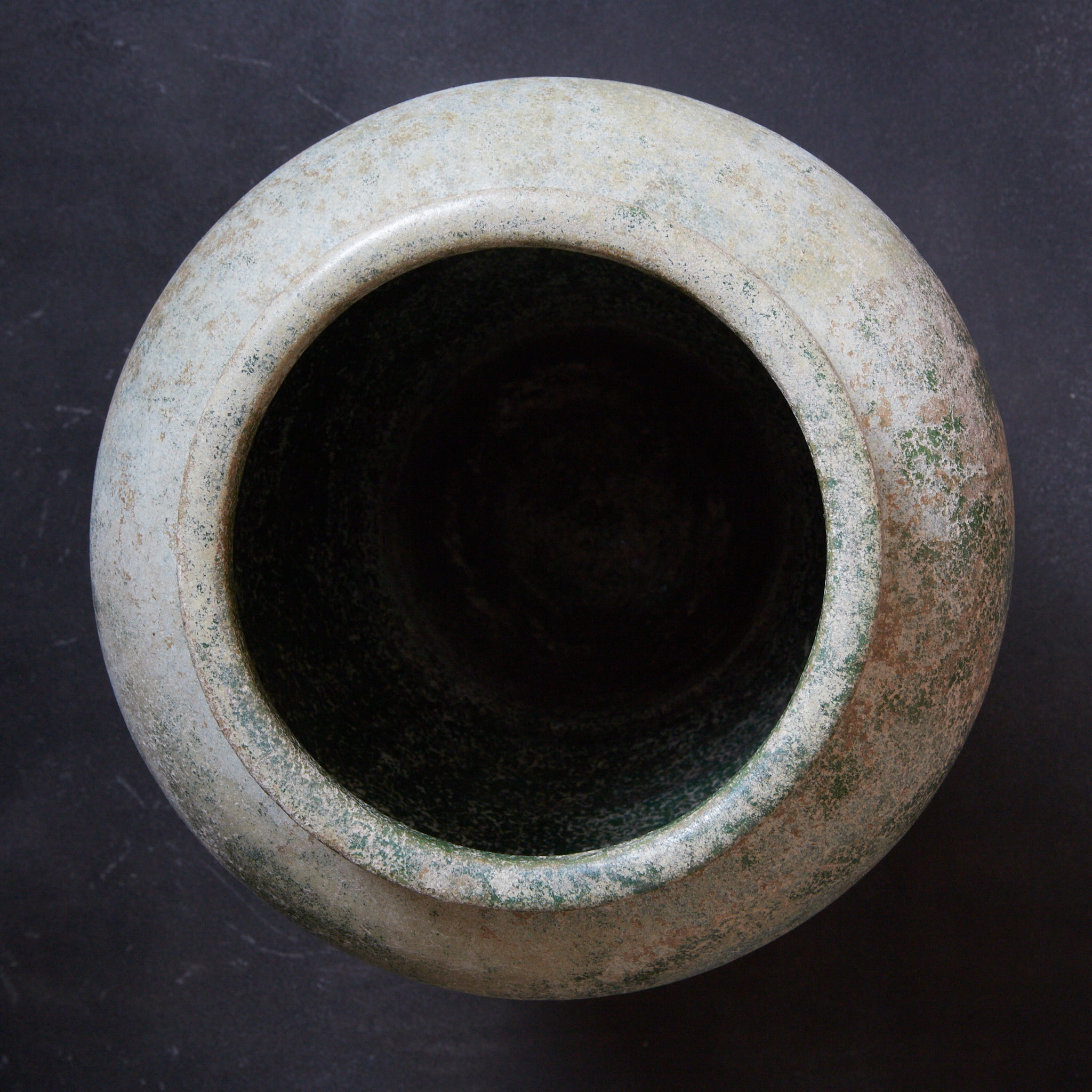 CERAMIC GRANARY, Iridescent green-glazed, unlidded