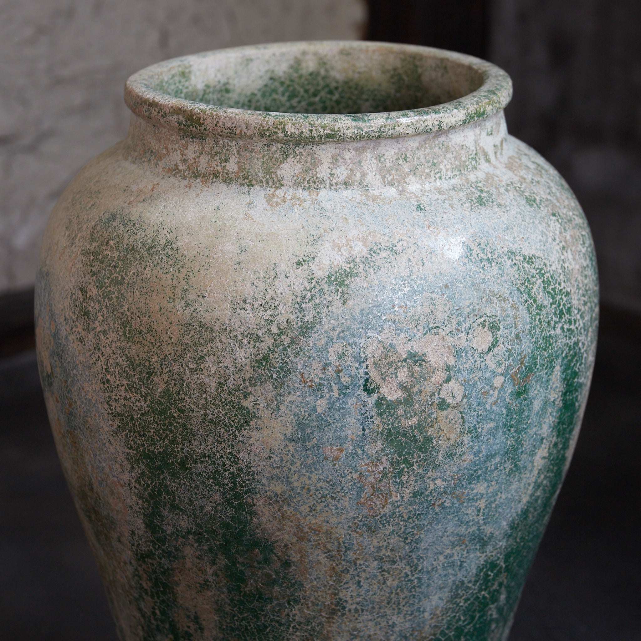 CERAMIC GRANARY, Iridescent green-glazed, unlidded