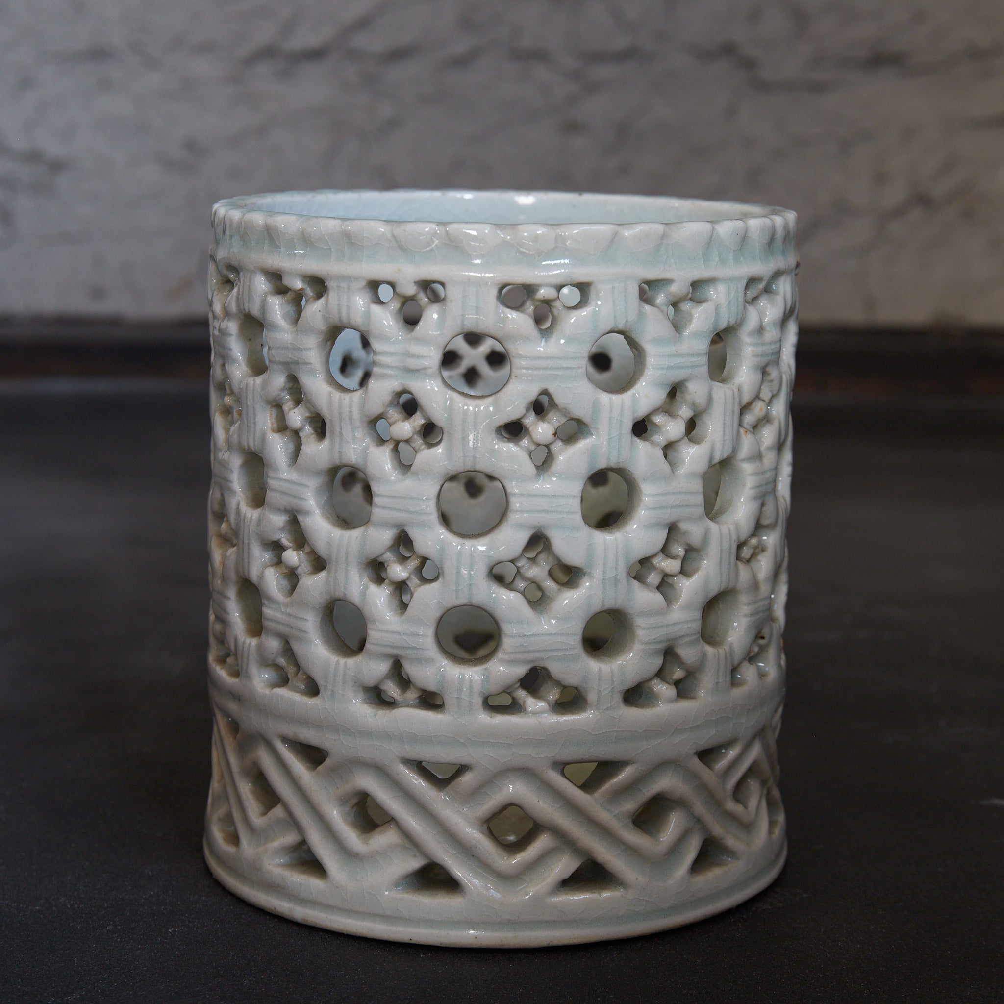 BRUSH POT, White porcelain with openwork bead design, Joseon Dynasty(1392–1897CE)
