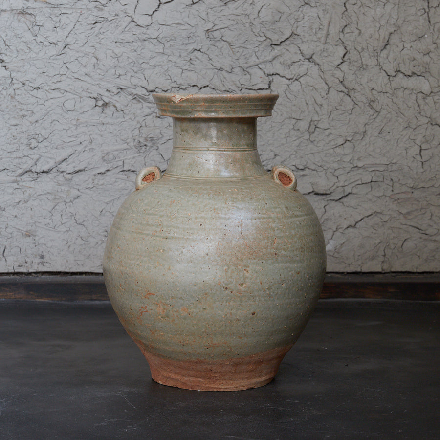 GRANDE BOUTEILLE, four Yuezhou, céladon avec deux anses et une embouchure en disque, Dynastie Tang (618–907 apr. J.-C.)