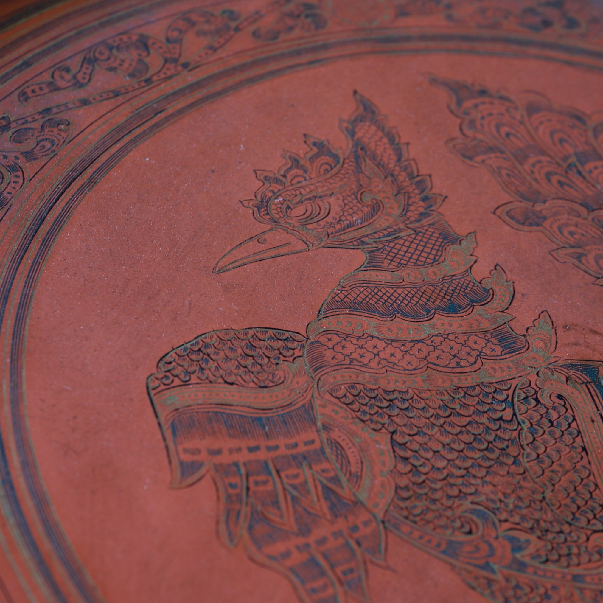 BANDEJA, Lacada antigua con diseño de fénix, birmano, Moderno(Siglos XIX–XX)