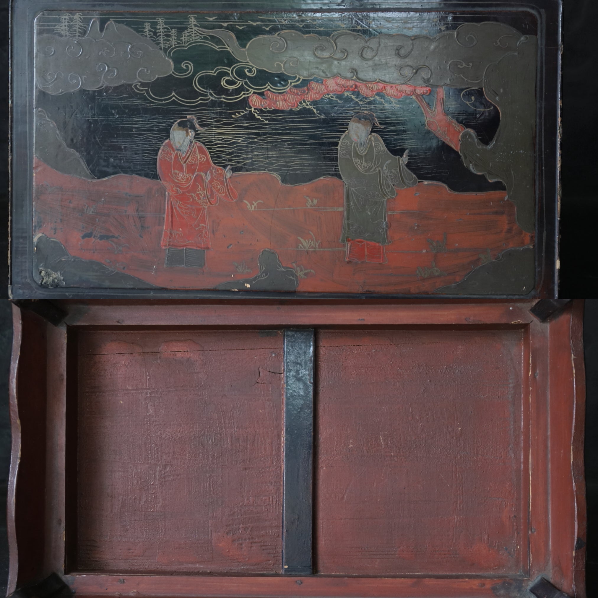 LOW TABLE, Old-lacquered with pavilion, landscape, and figure design, a, Qing Dynasty(1616–1911CE)
