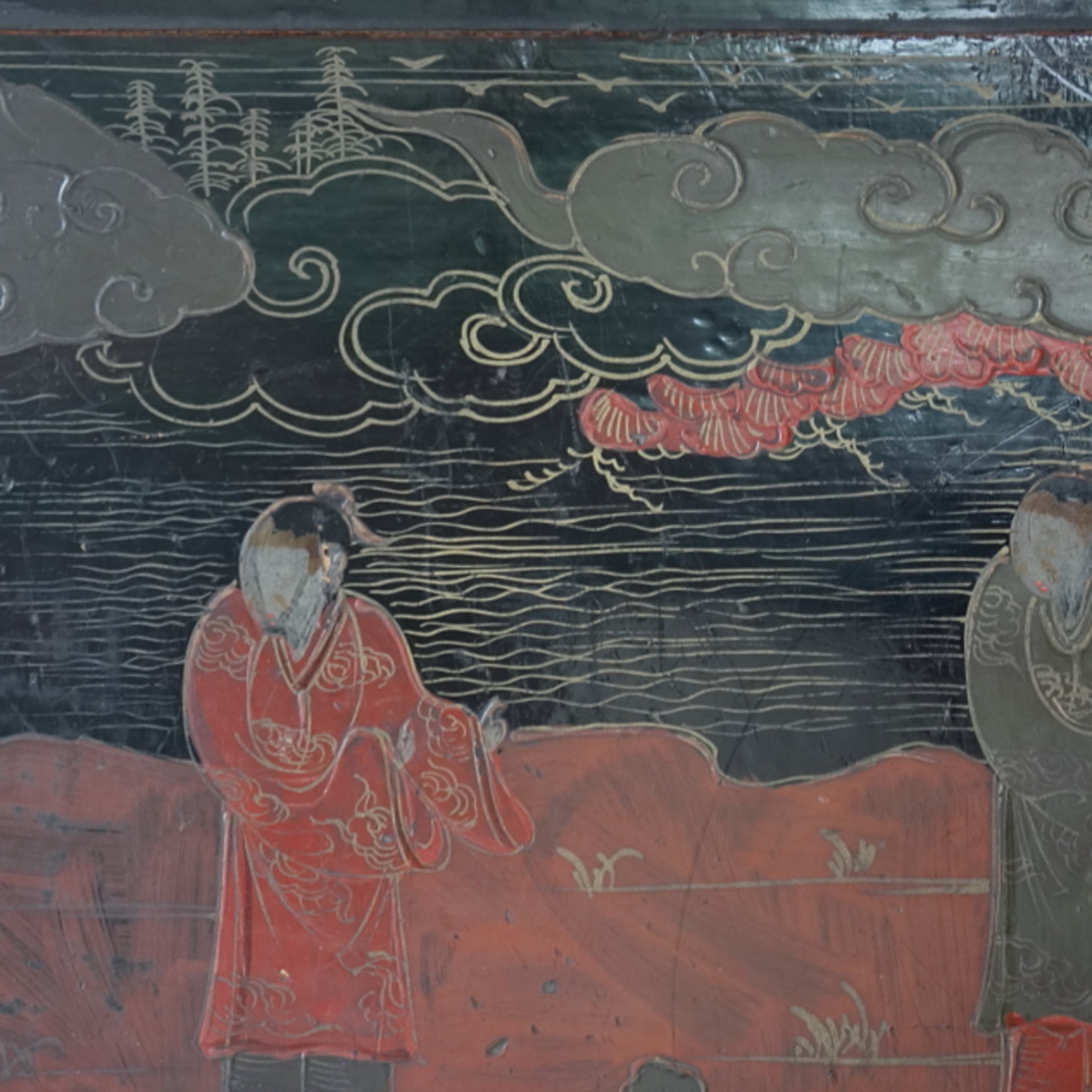 LOW TABLE, Old-lacquered with pavilion, landscape, and figure design, a, Qing Dynasty(1616–1911CE)