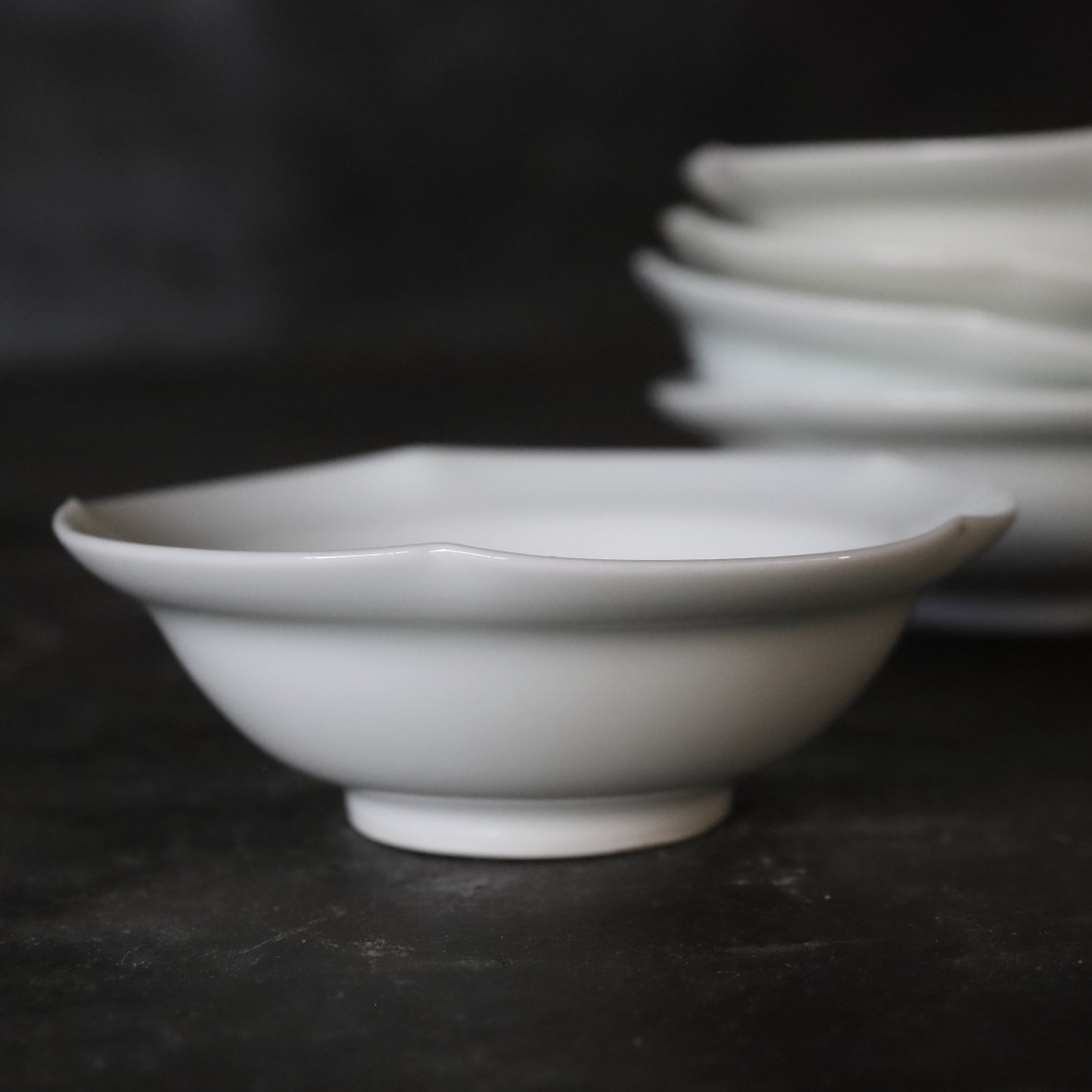 BOL / PLAT À DOUCEURS, Porcelaine blanche rebord fleuri, ensemble de 5