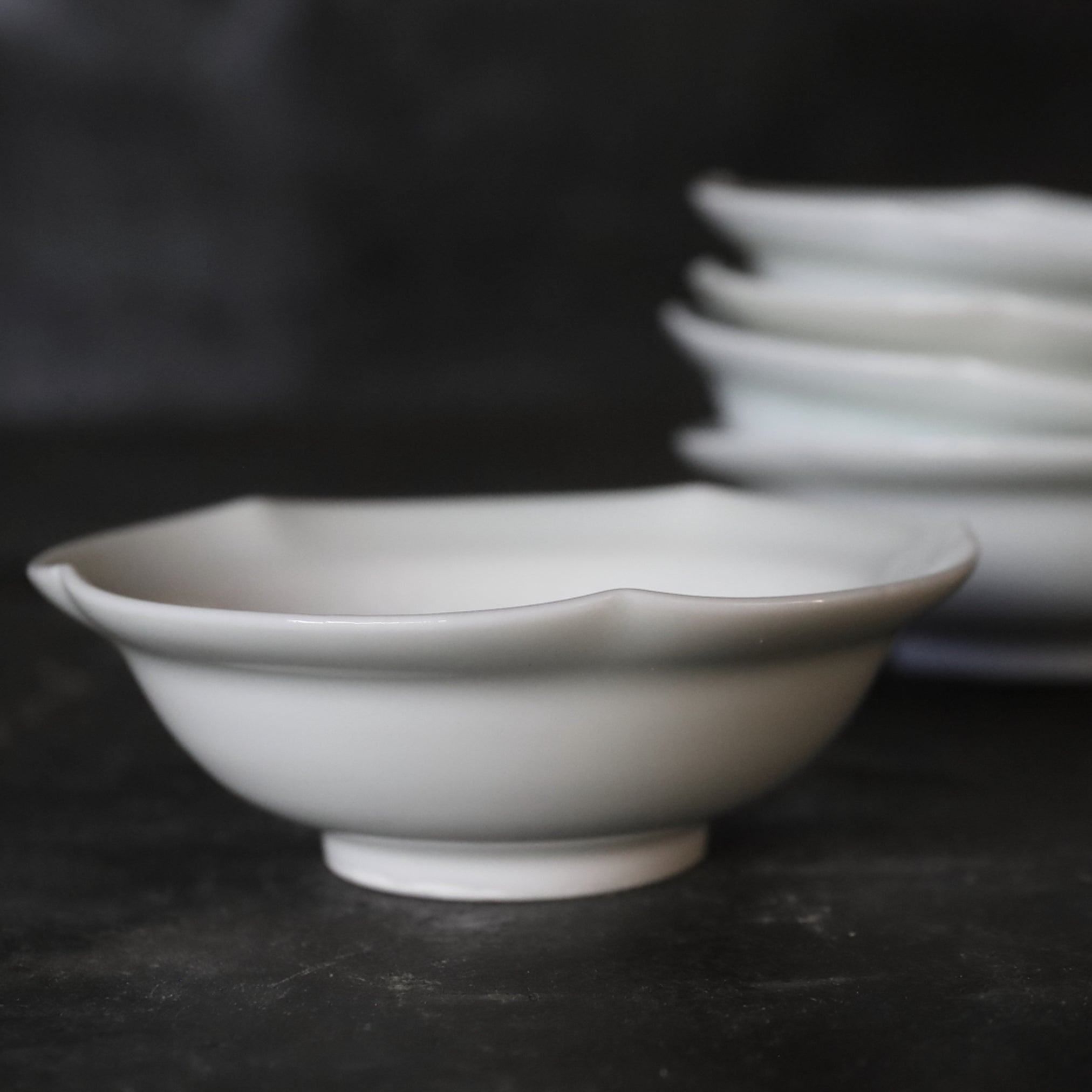 BOL / PLAT À DOUCEURS, Porcelaine blanche rebord fleuri, ensemble de 5