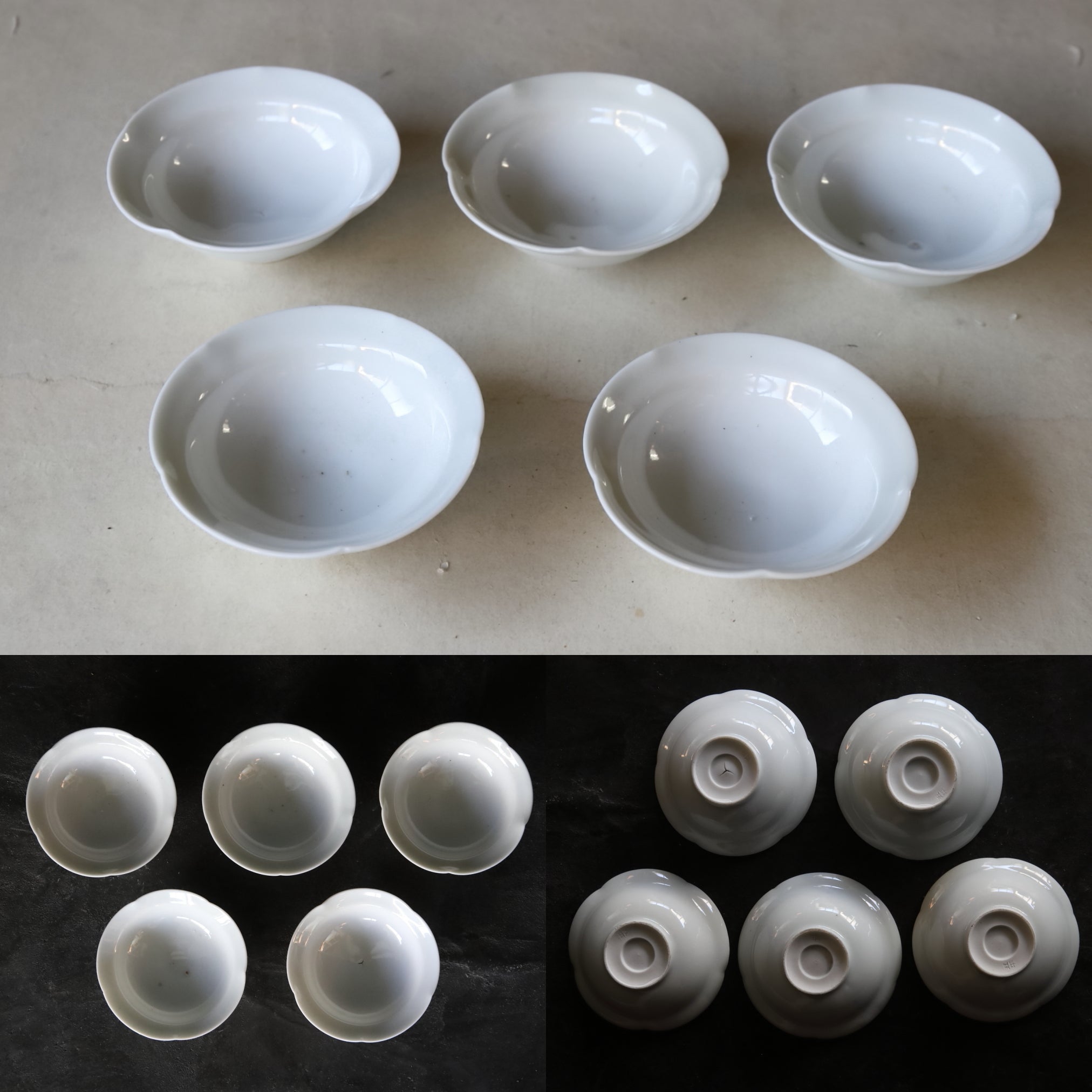 BOL / PLAT À DOUCEURS, Porcelaine blanche rebord fleuri, ensemble de 5