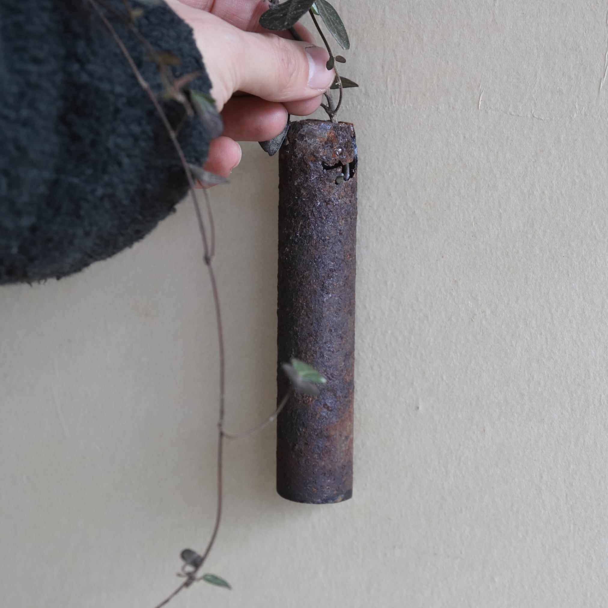 PITTED AGED IRON TUBE / HANGING FLOWER VASE, a