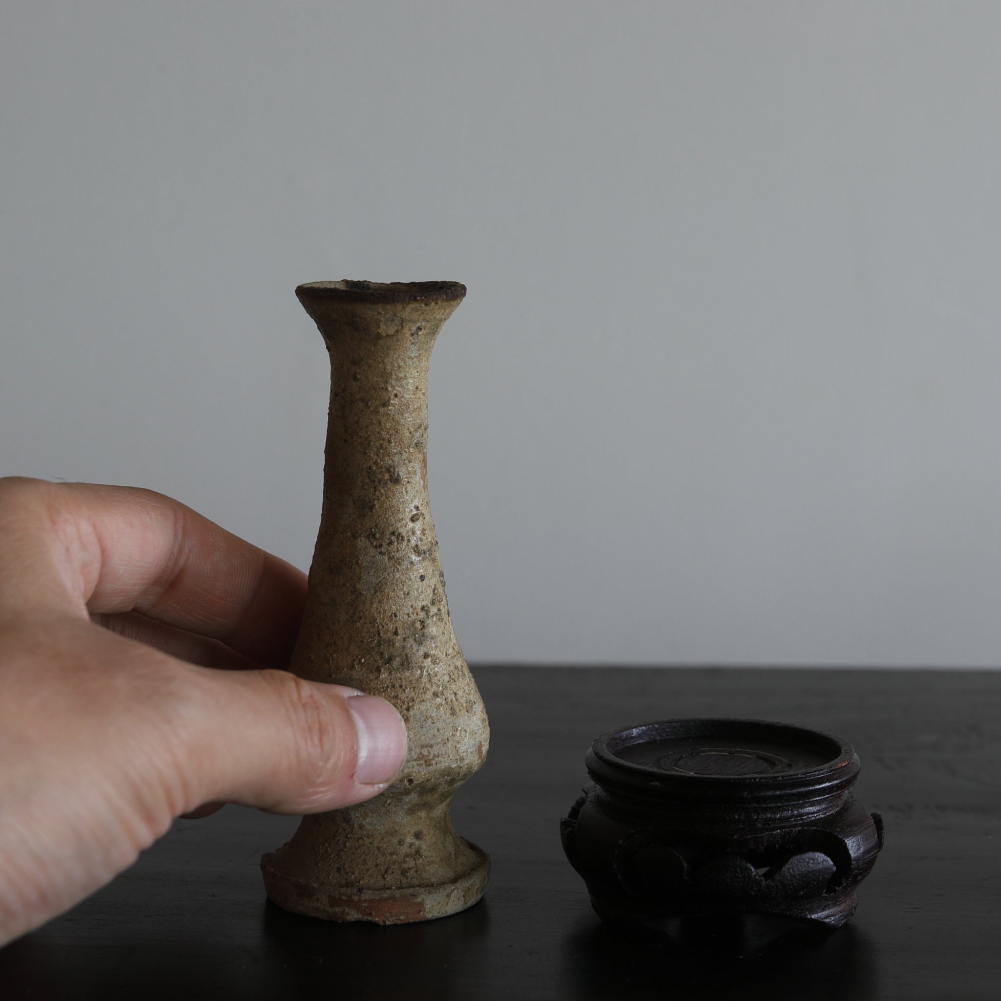 BUDDHIST ALTAR VASE, Ko-Seto, with a wooden stand, Kamakura Period(1185–1333CE)