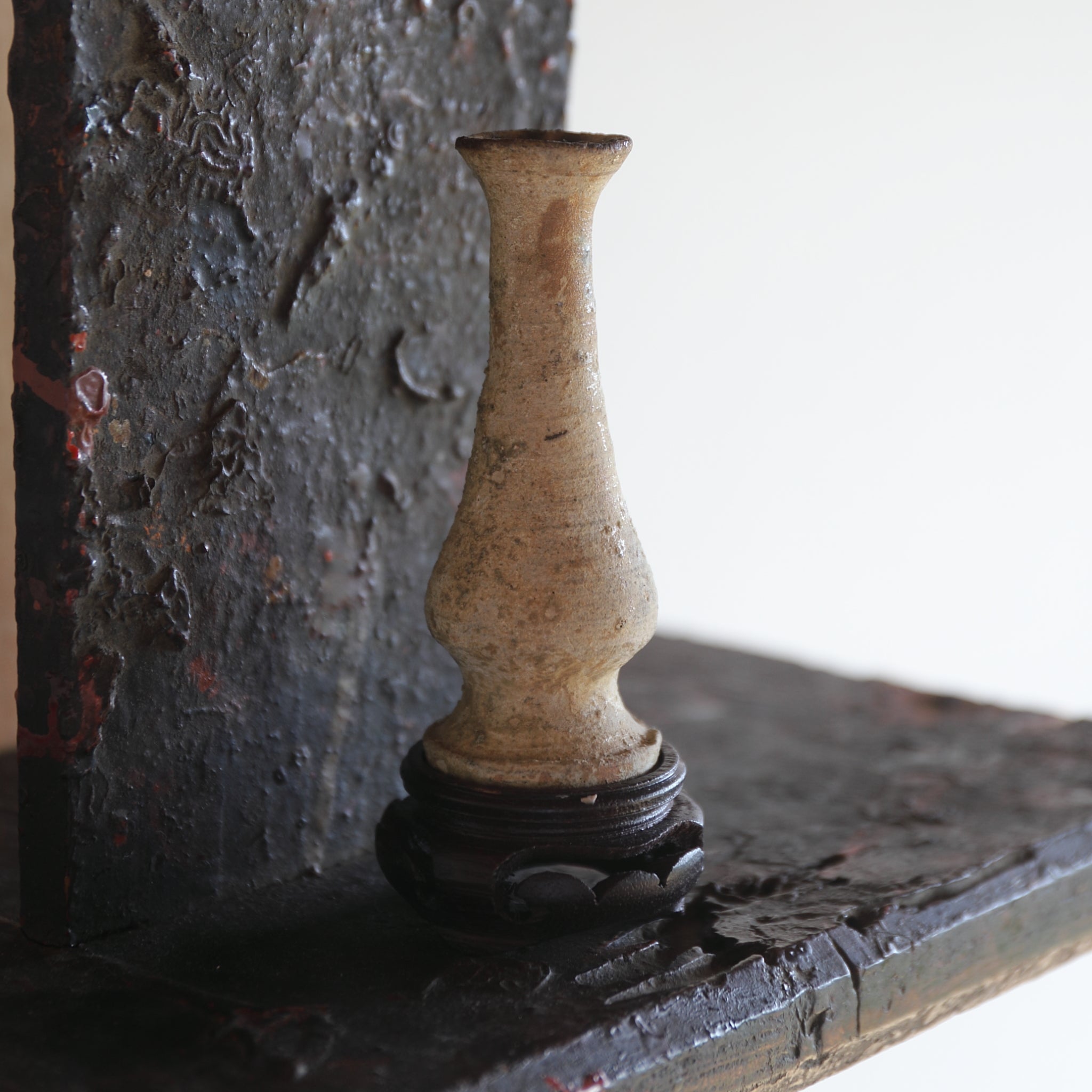 BUDDHIST ALTAR VASE, Ko-Seto, with a wooden stand, Kamakura Period(1185–1333CE)