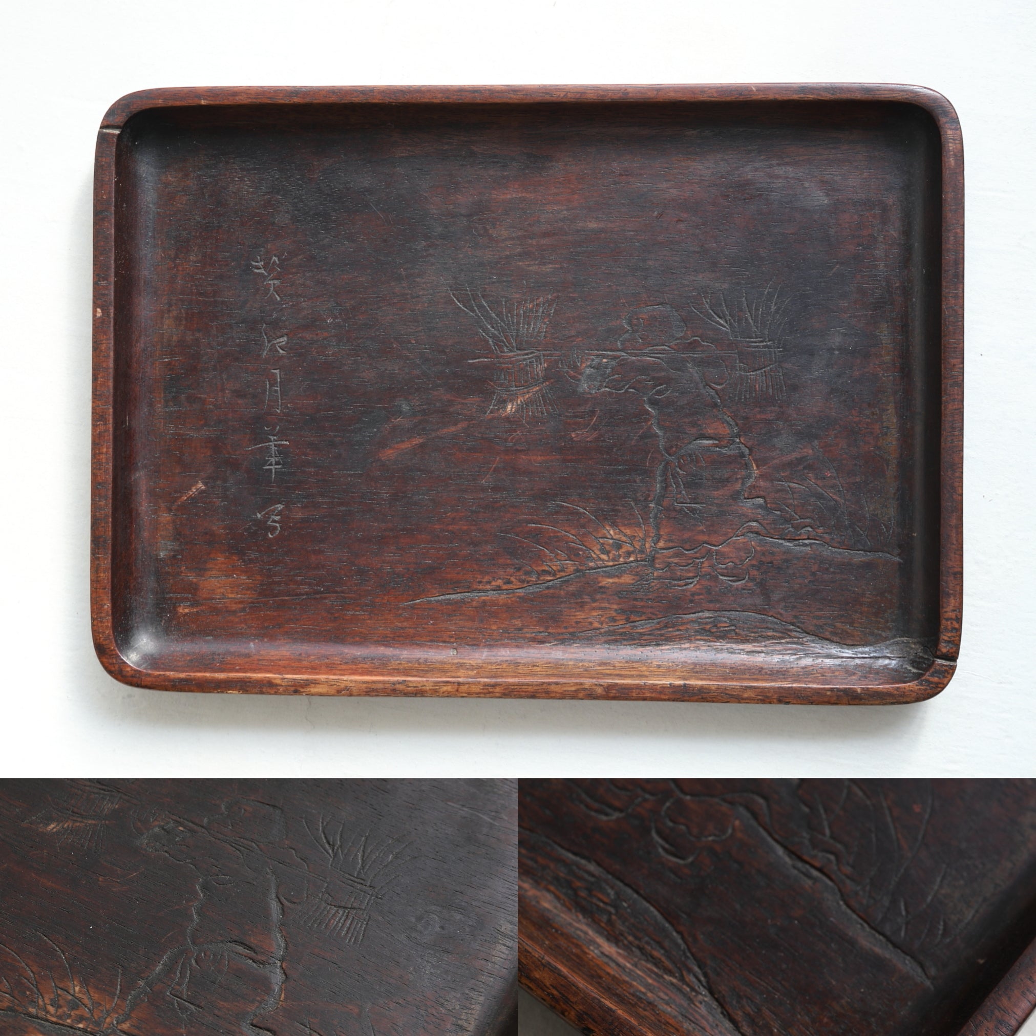 BANDEJA DE TÉ DE MADERA, Tallada con diseño de figura, marcado, Período Edo(1603–1867 d. C.)
