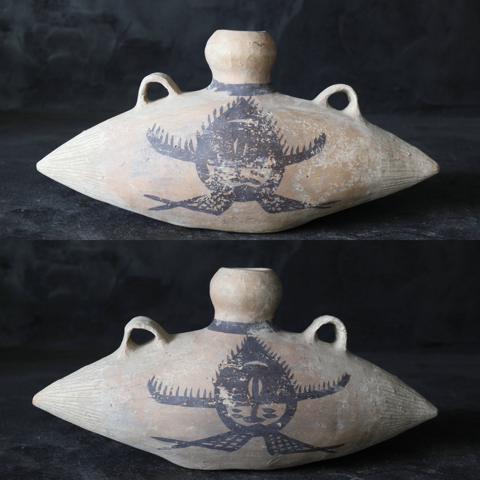 RECIPIENTE, Terracotta a forma di sacco, Ceramica dipinta, con motivo a gioiello esaudisci-desideri, Cultura Majiayao(3300–2050 a.C.)