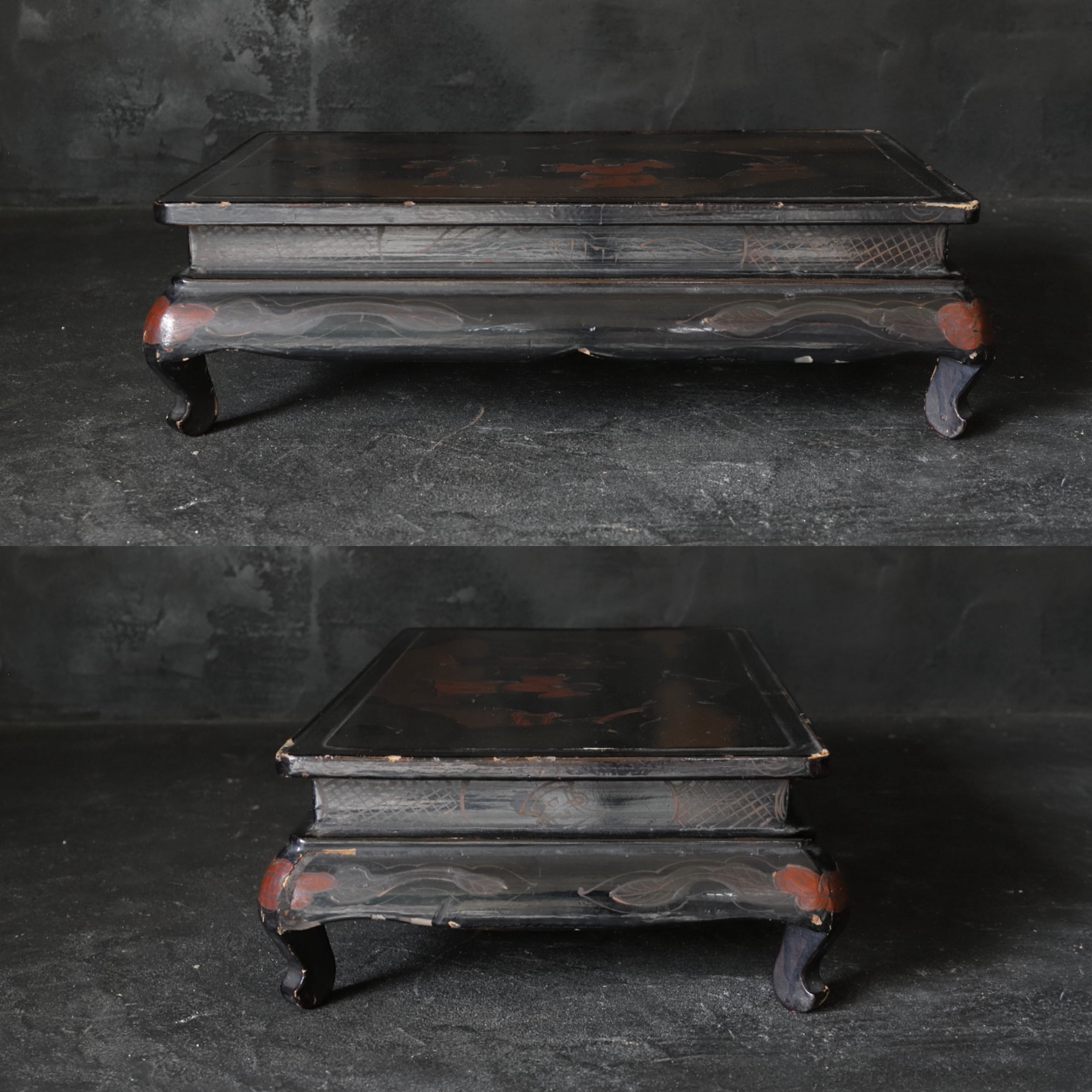 LOW TABLE, Old-lacquered with pavilion, landscape, and figure design, b, Qing Dynasty(1616–1911CE)