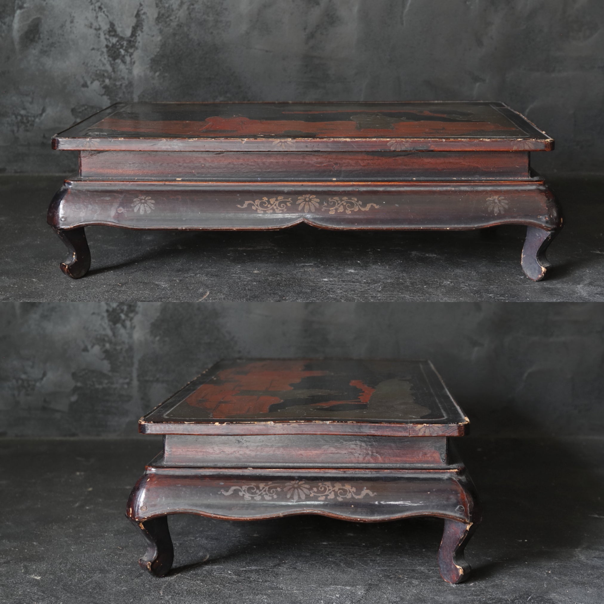 LOW TABLE, Old-lacquered with pavilion, landscape, and figure design, a, Qing Dynasty(1616–1911CE)