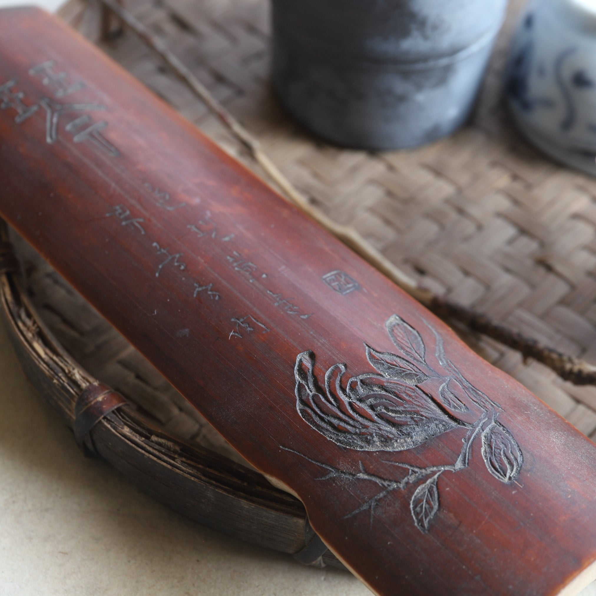 CUCHARA PARA TÉ DE BAMBÚ, Tallada con diseño floral con poesía china, Edad Moderna Temprana(Siglos XVI–XIX)