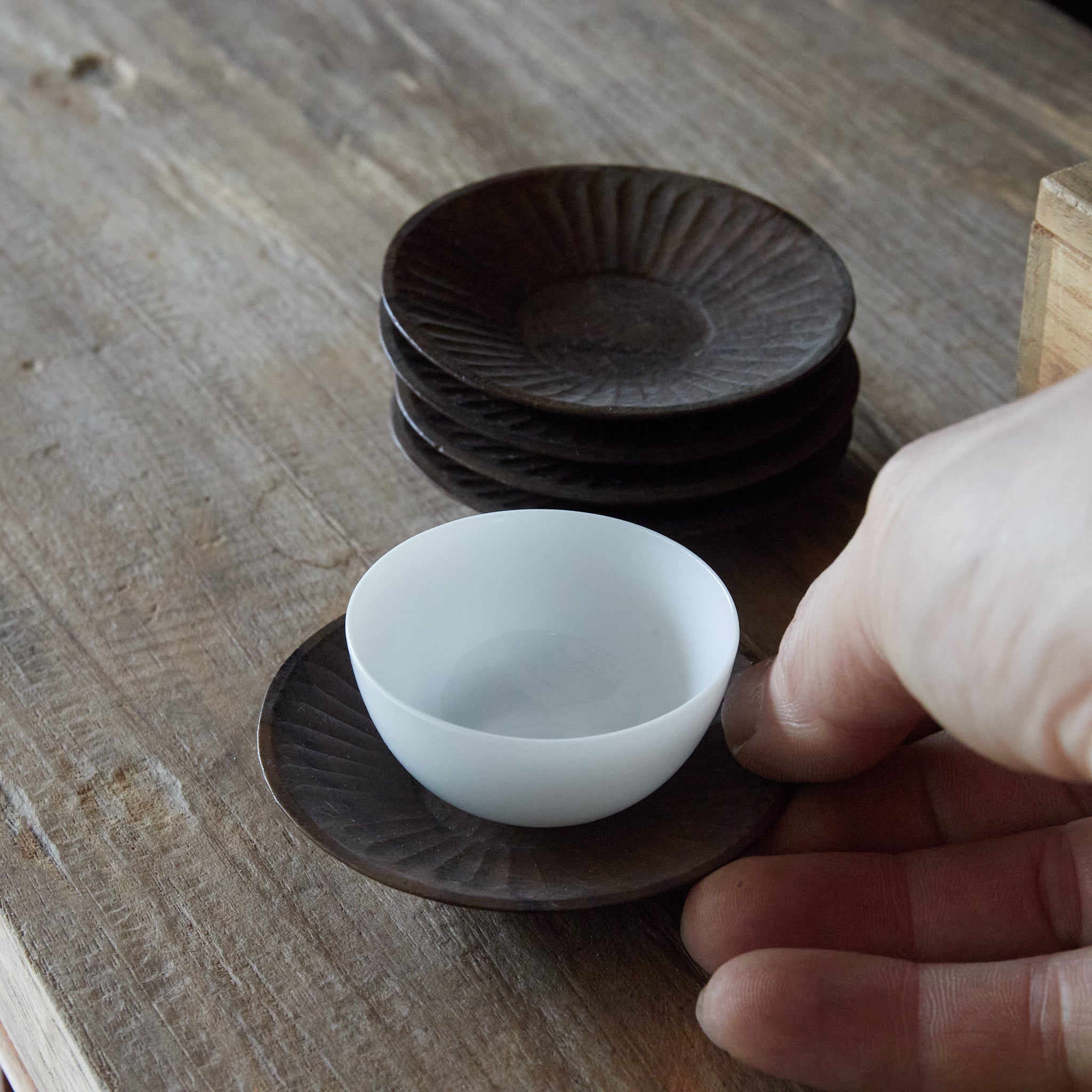 Sencha futon set of 5 small black persimmon tea trays Taisho period/1912-1926CE