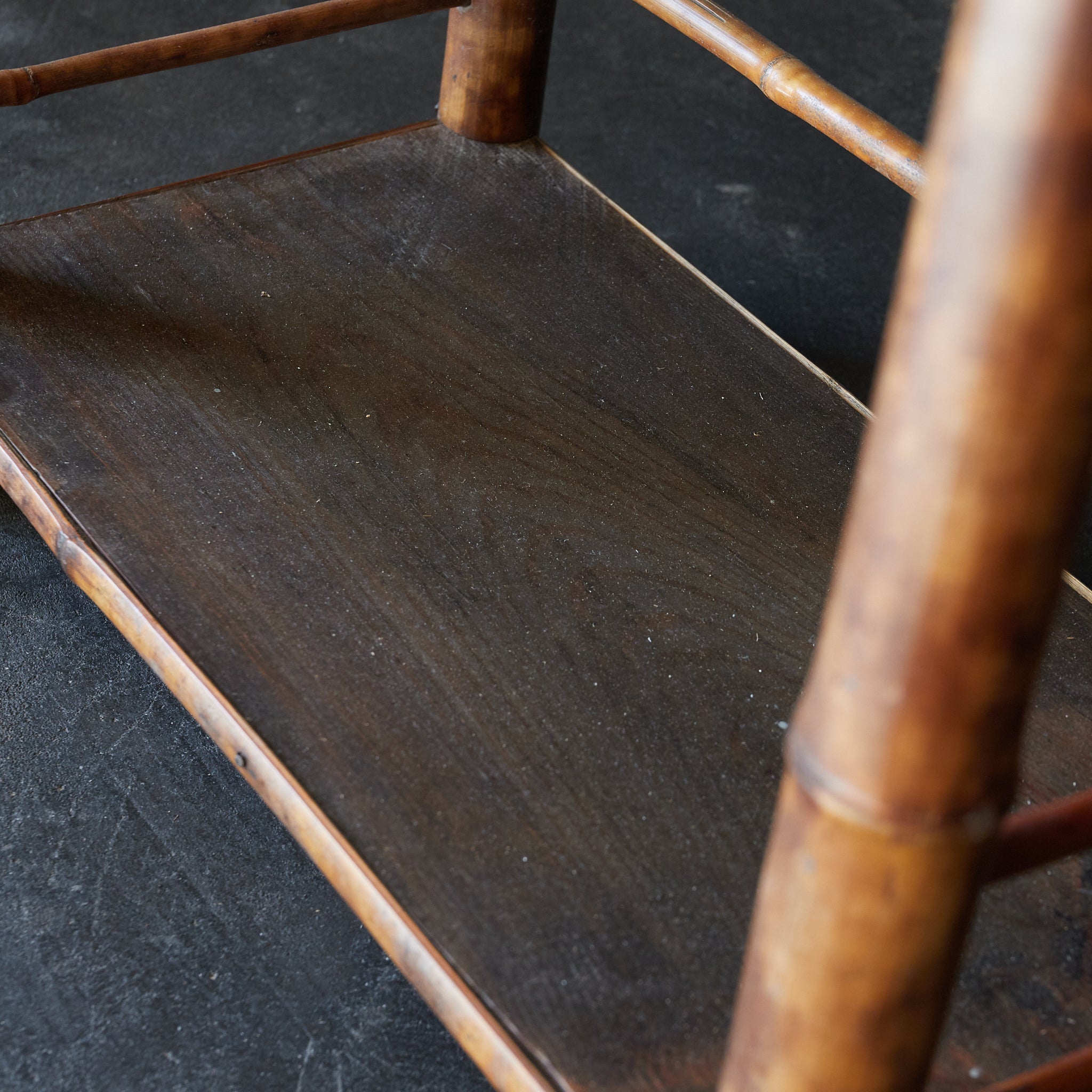 A well-used spotted bamboo tea shelf from the Taisho period (1912-1926CE)