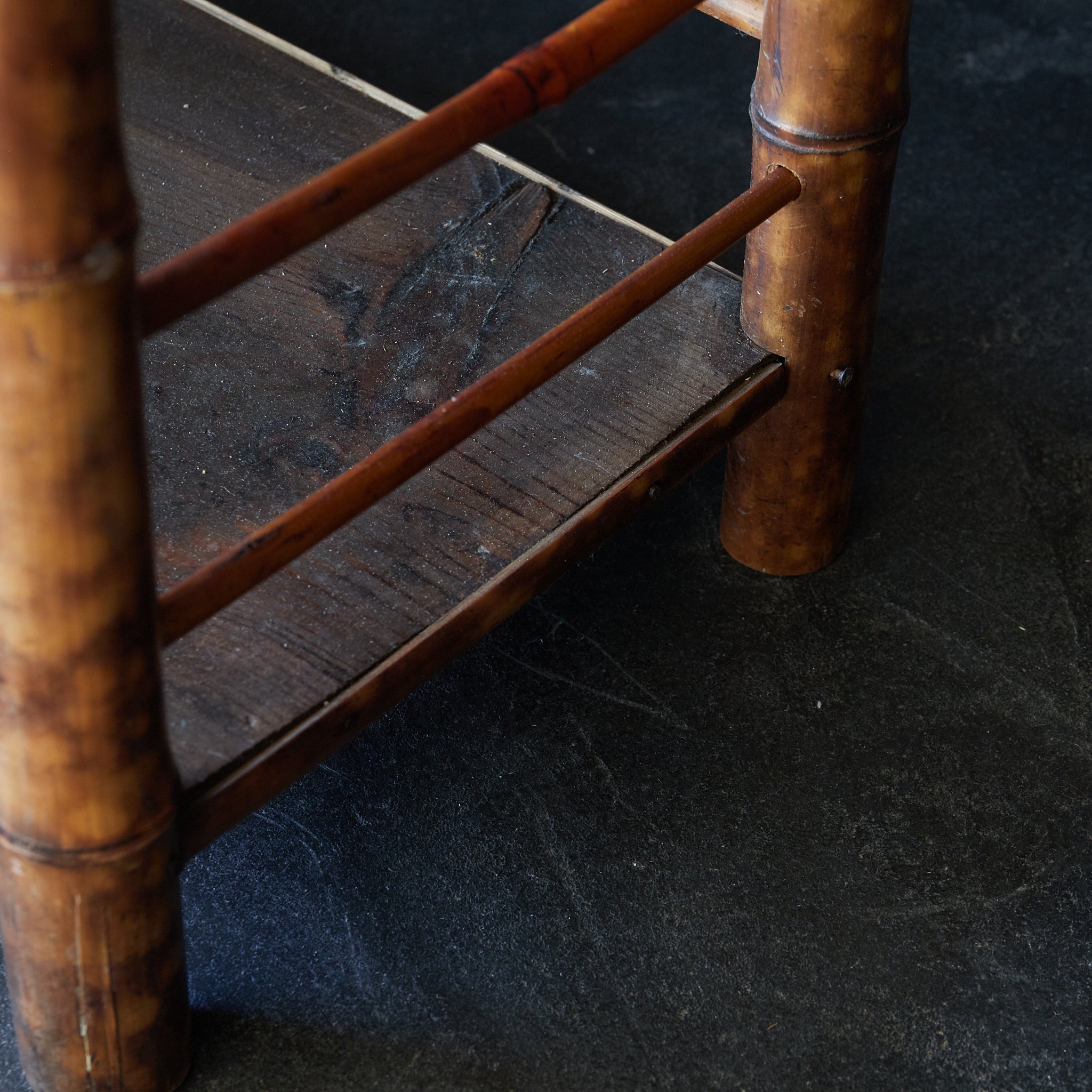 A well-used spotted bamboo tea shelf from the Taisho period (1912-1926CE)