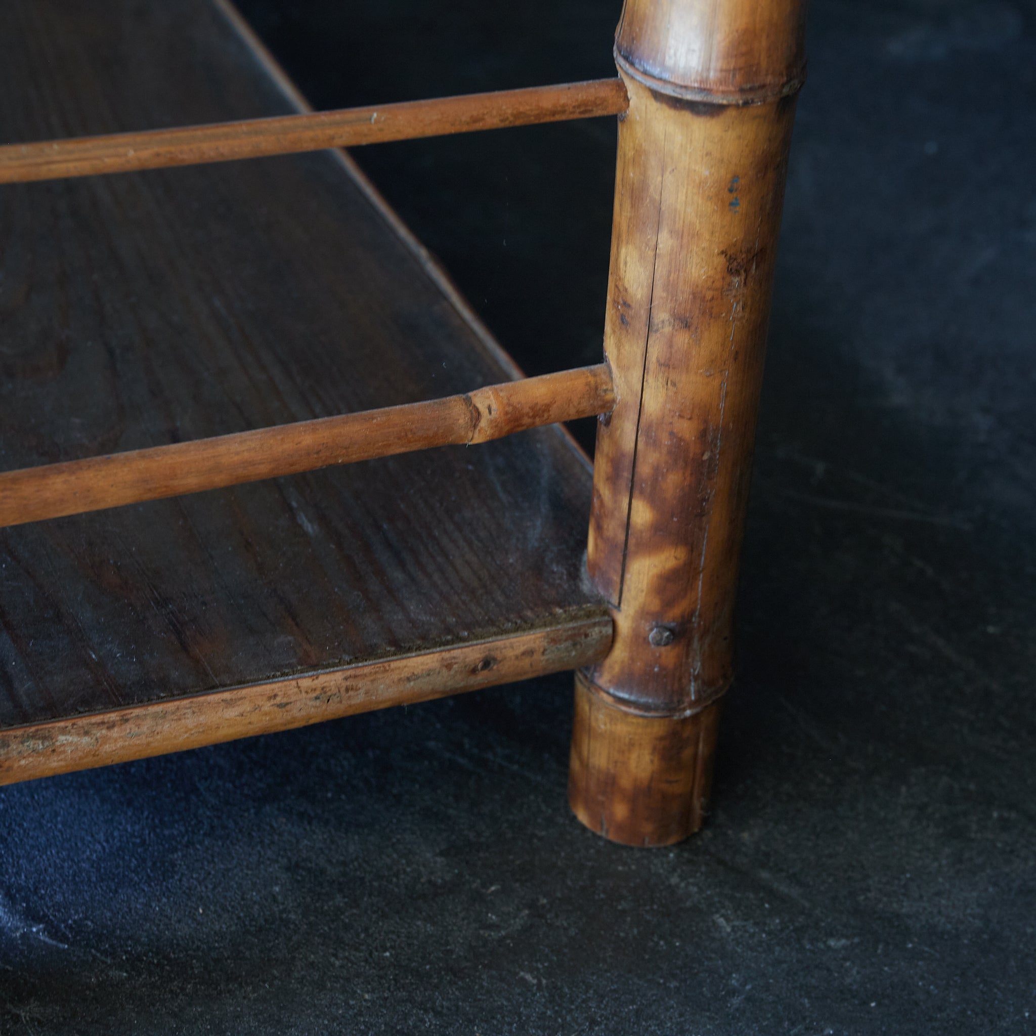 A well-used spotted bamboo tea shelf from the Taisho period (1912-1926CE)