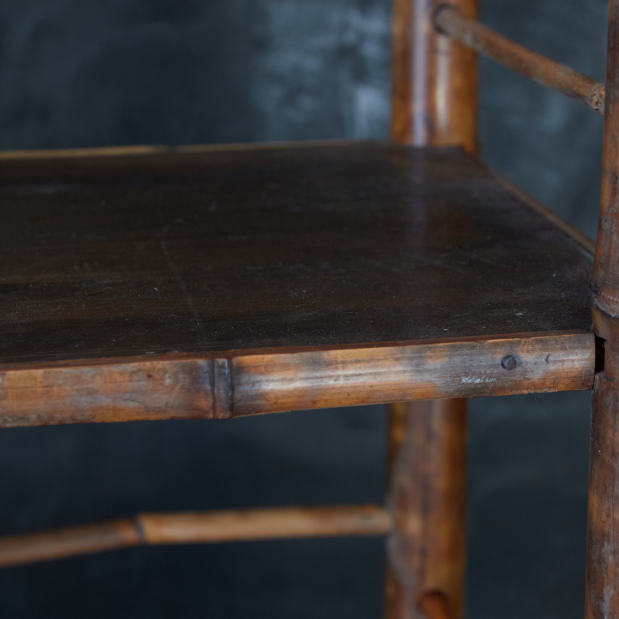 A well-used spotted bamboo tea shelf from the Taisho period (1912-1926CE)