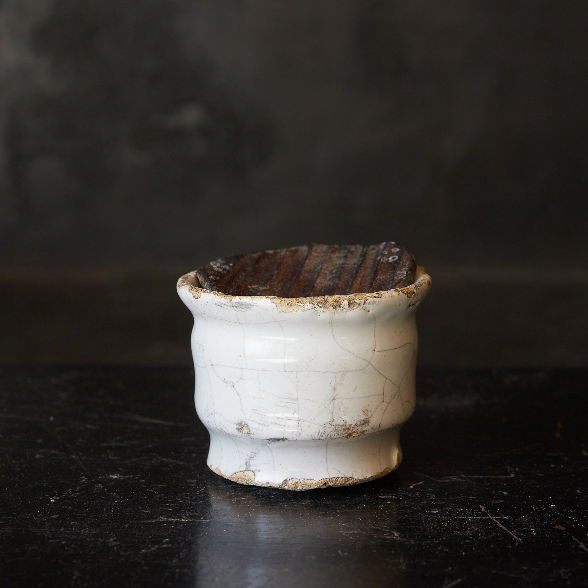 18th century white glazed Delft cup with wooden lid 16th-19th century