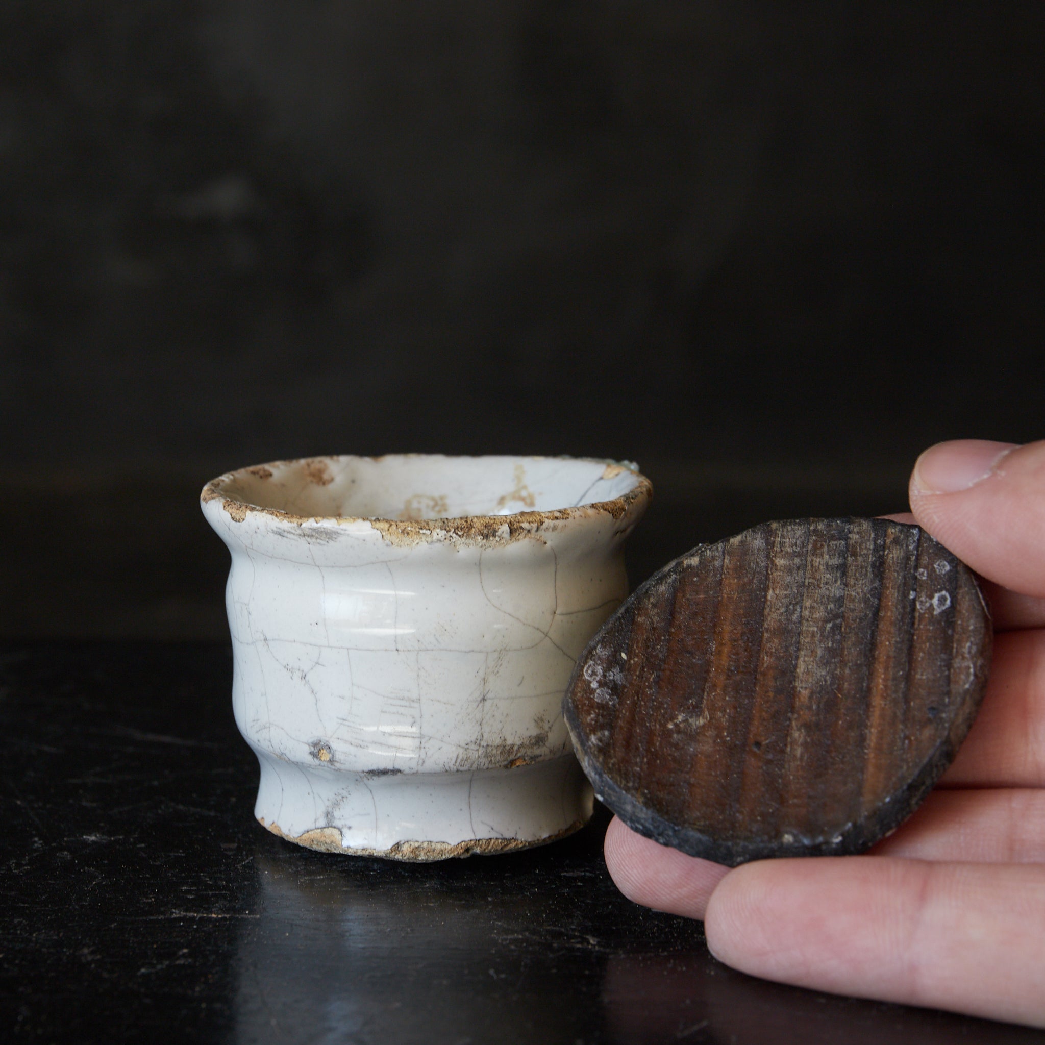 18th century white glazed Delft cup with wooden lid 16th-19th century