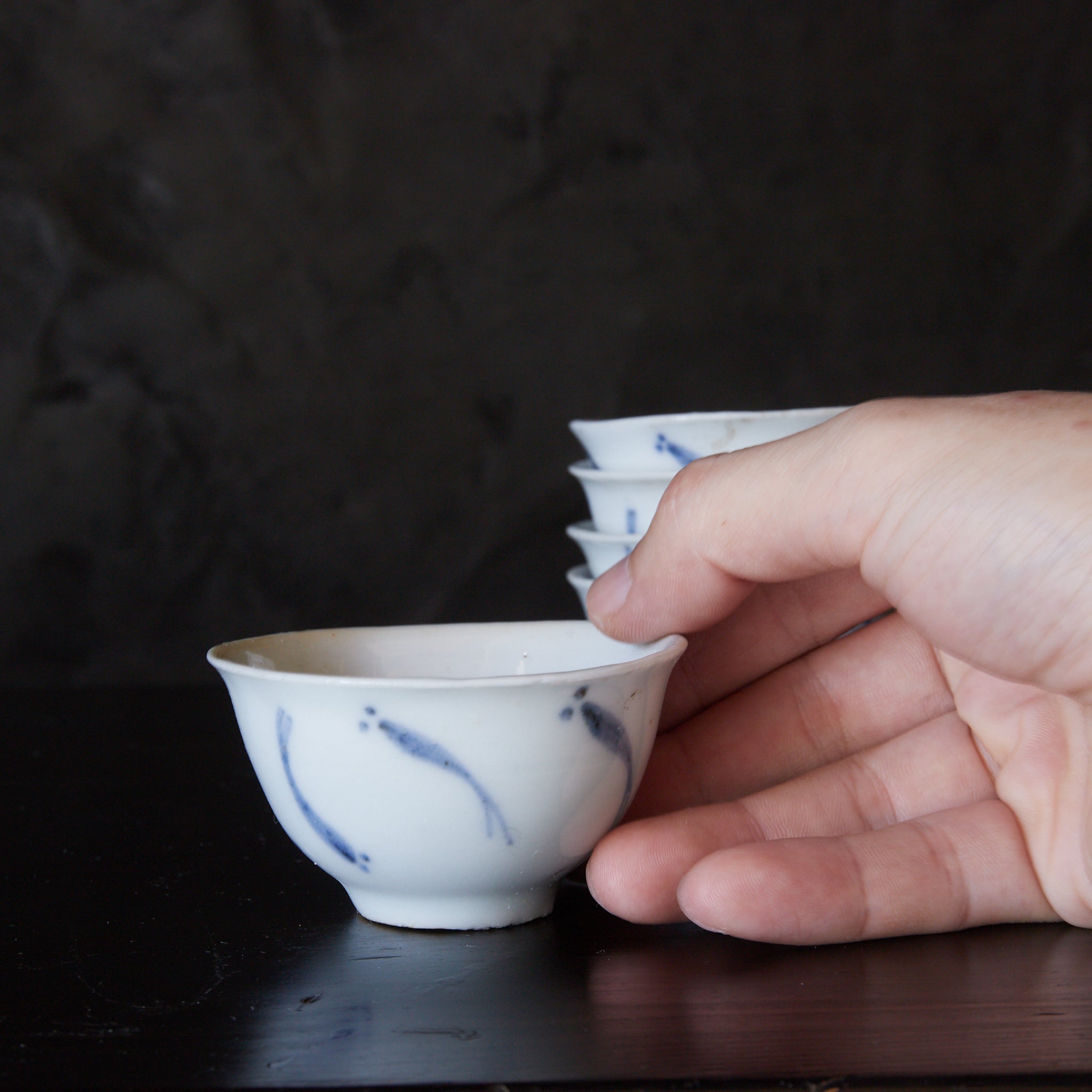TAZZA DA SENCHA, Ko-Imari, porcellana bianca e blu con motivo del pesce di riso giapponese, set da 5, Periodo Edo（1603–1867 d.C.）