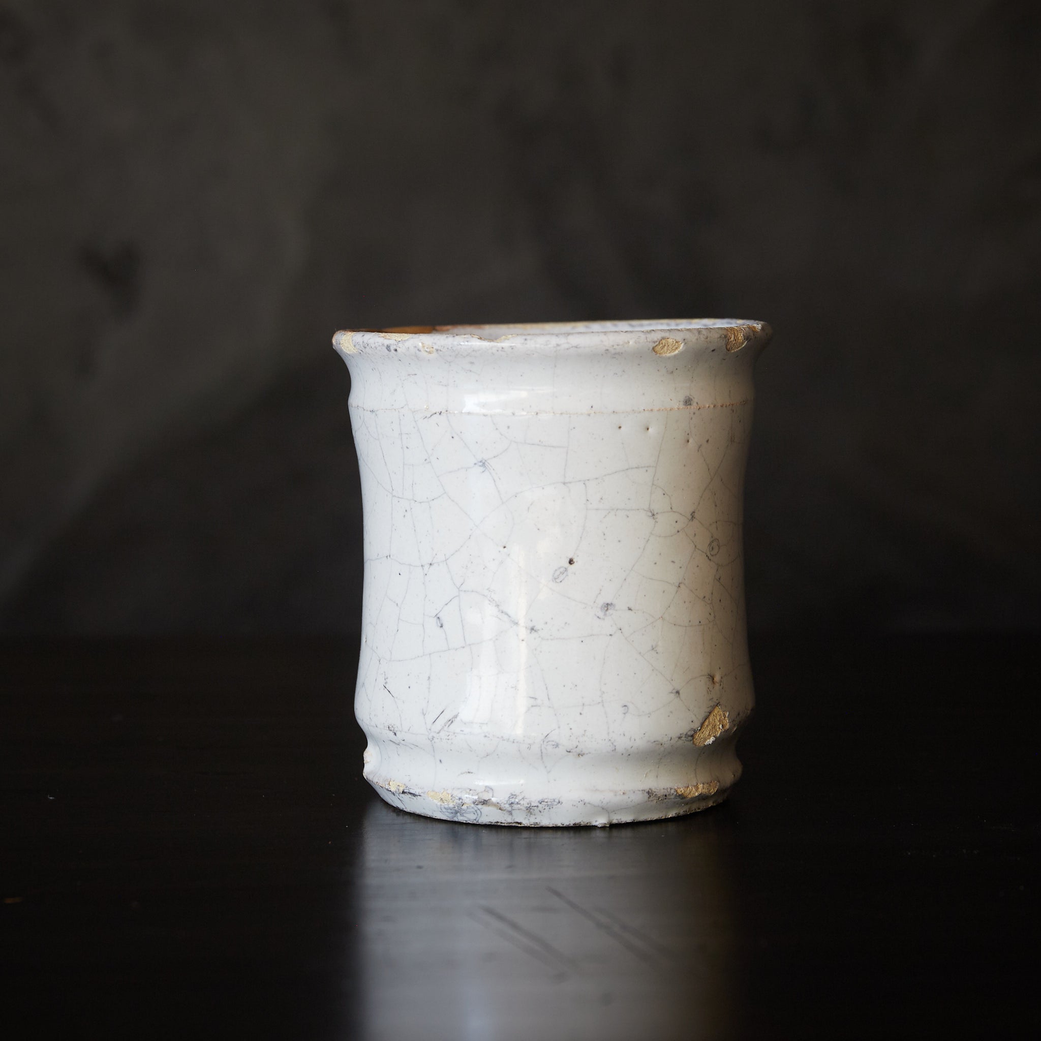 オランダアンティーク 白釉デルフト アルバレロ型金継小壺 片口みたて