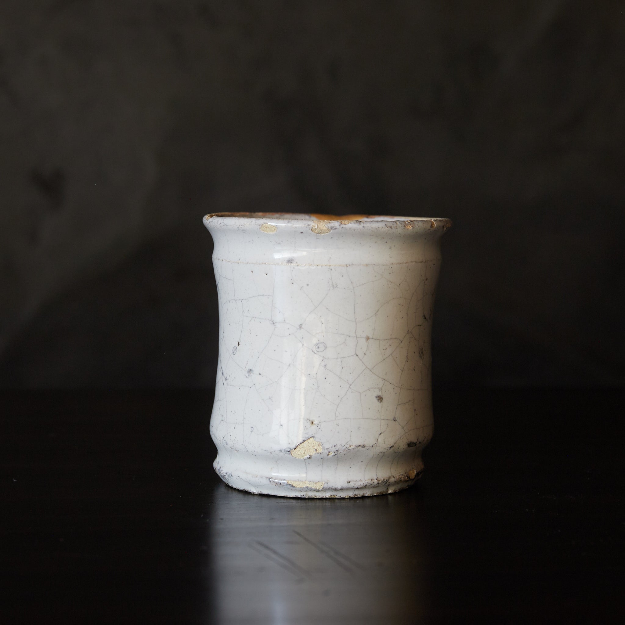 オランダアンティーク 白釉デルフト アルバレロ型金継小壺 片口みたて