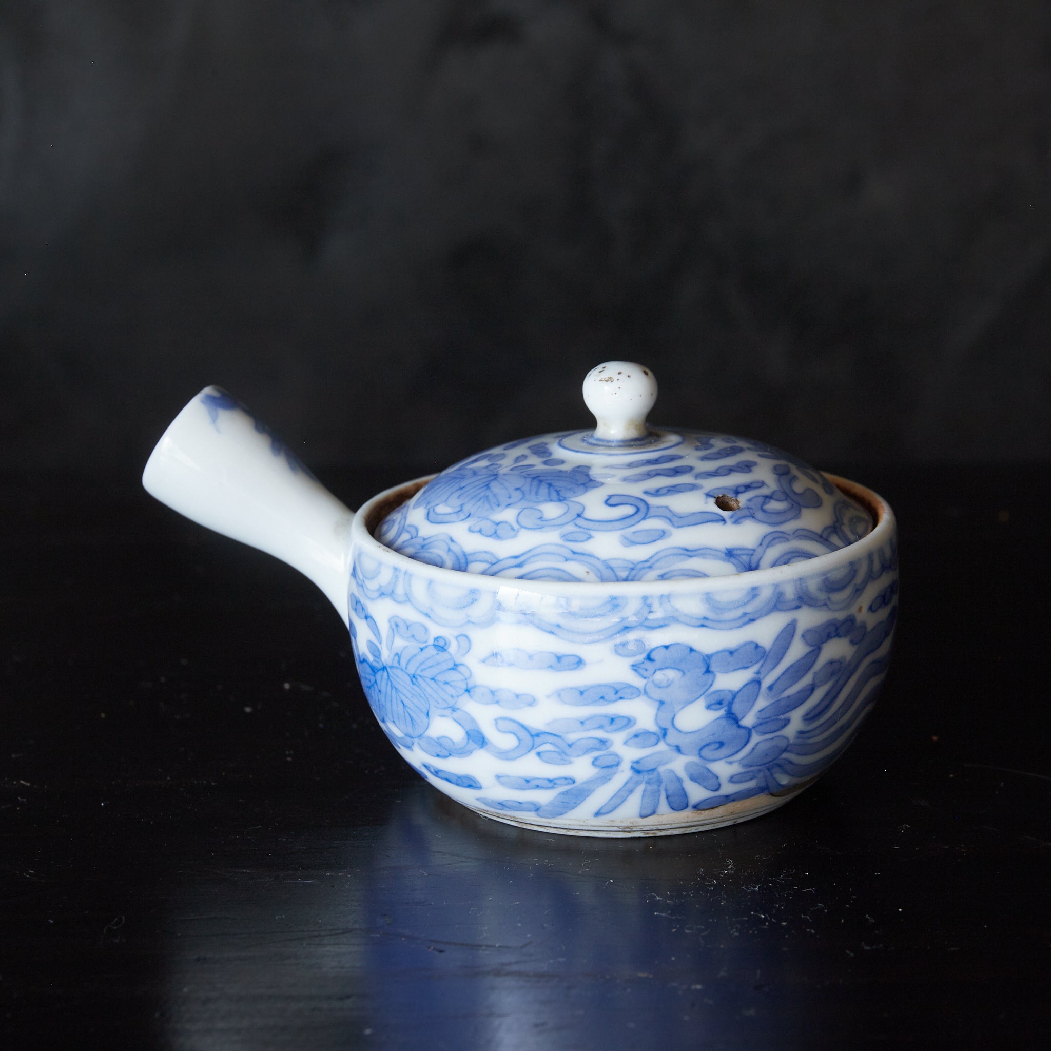 煎茶道具 四代清風与平造 染付 【山水文】横手急須 箱付 煎茶道具 四代清風与平造 染付 【山水文】横手急須 箱付 煎茶道具 四代