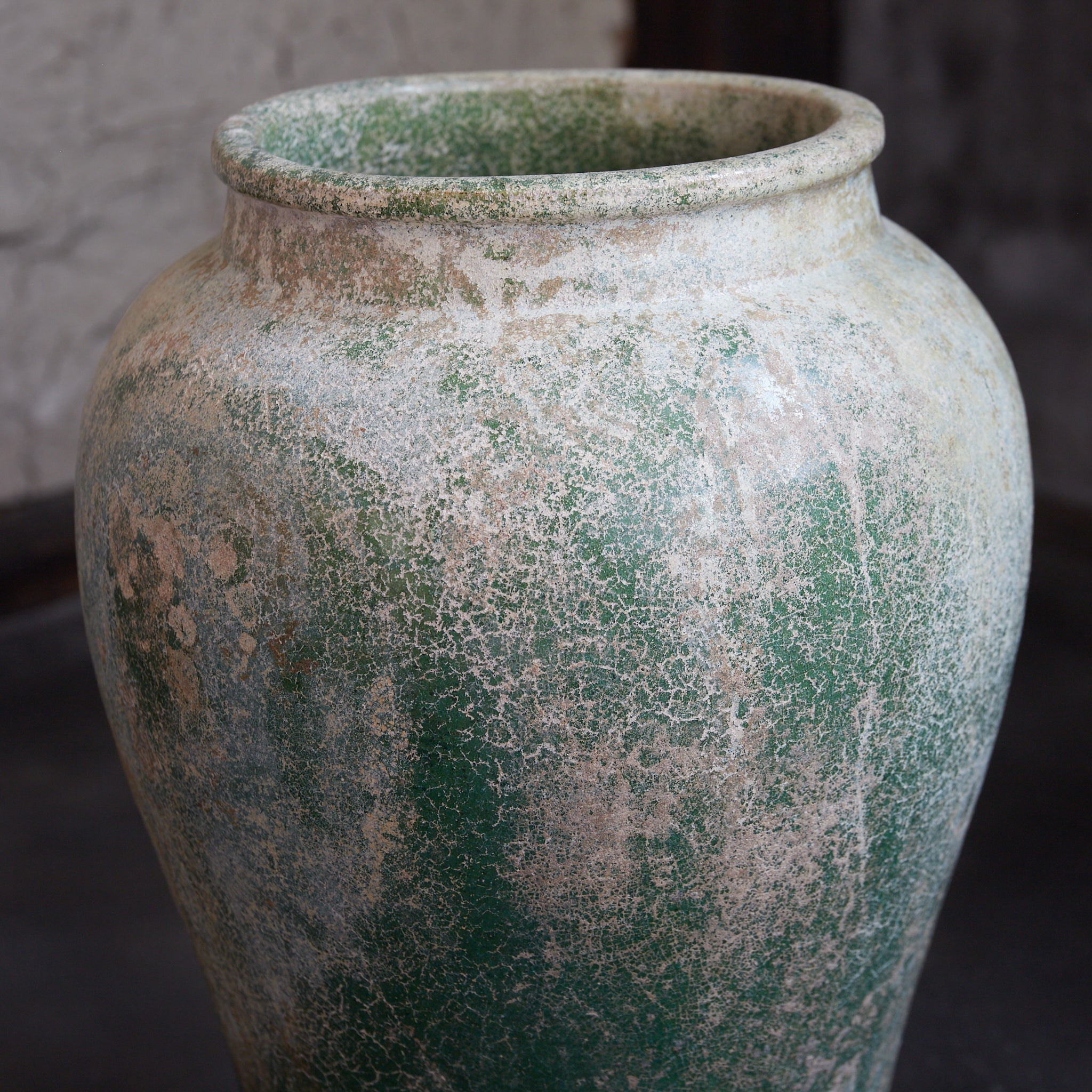 CERAMIC GRANARY, Iridescent green-glazed, unlidded