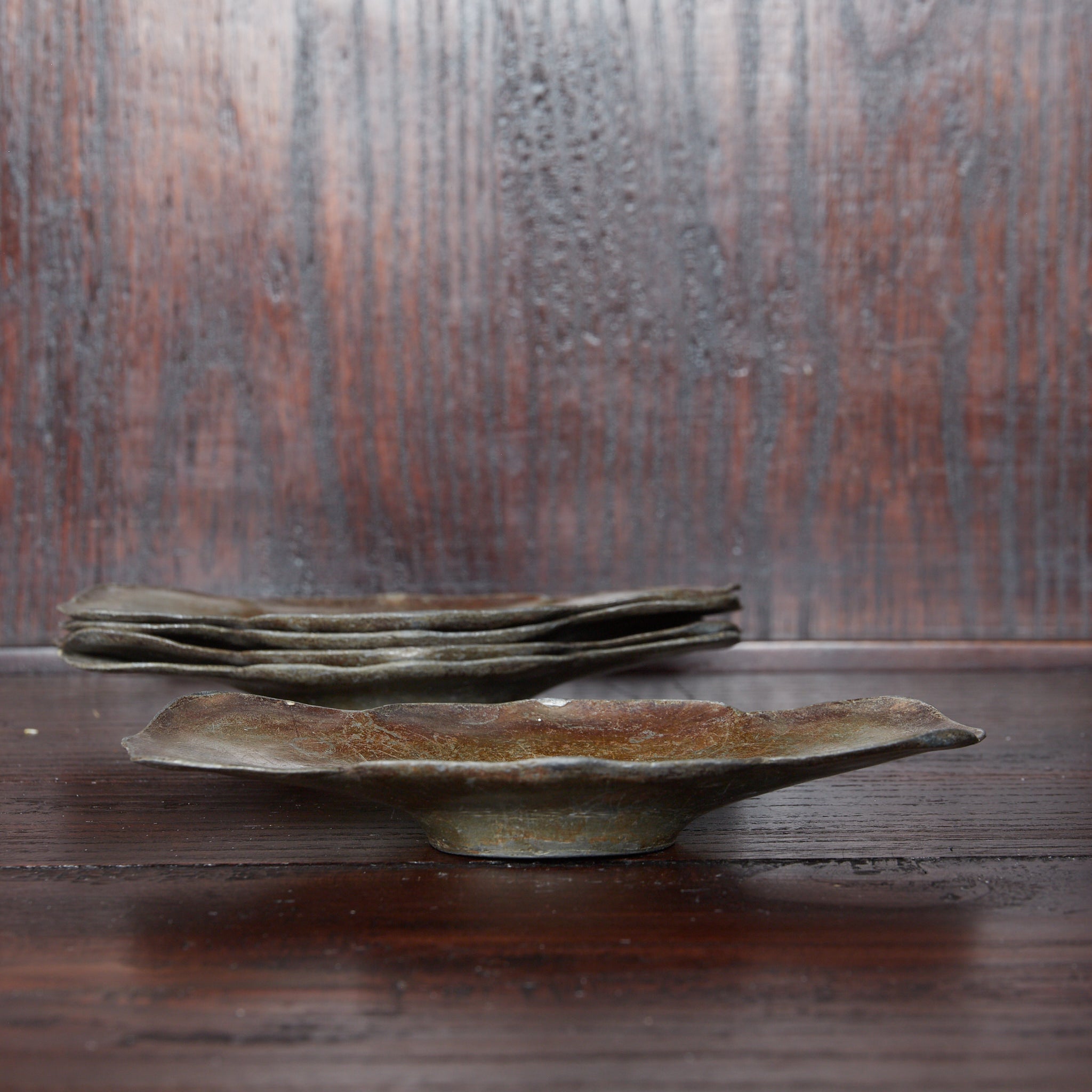 清代 古錫輪花形茶托 5客揃 在銘（1616–1911CE） | 入蘆花（ロカニイル）