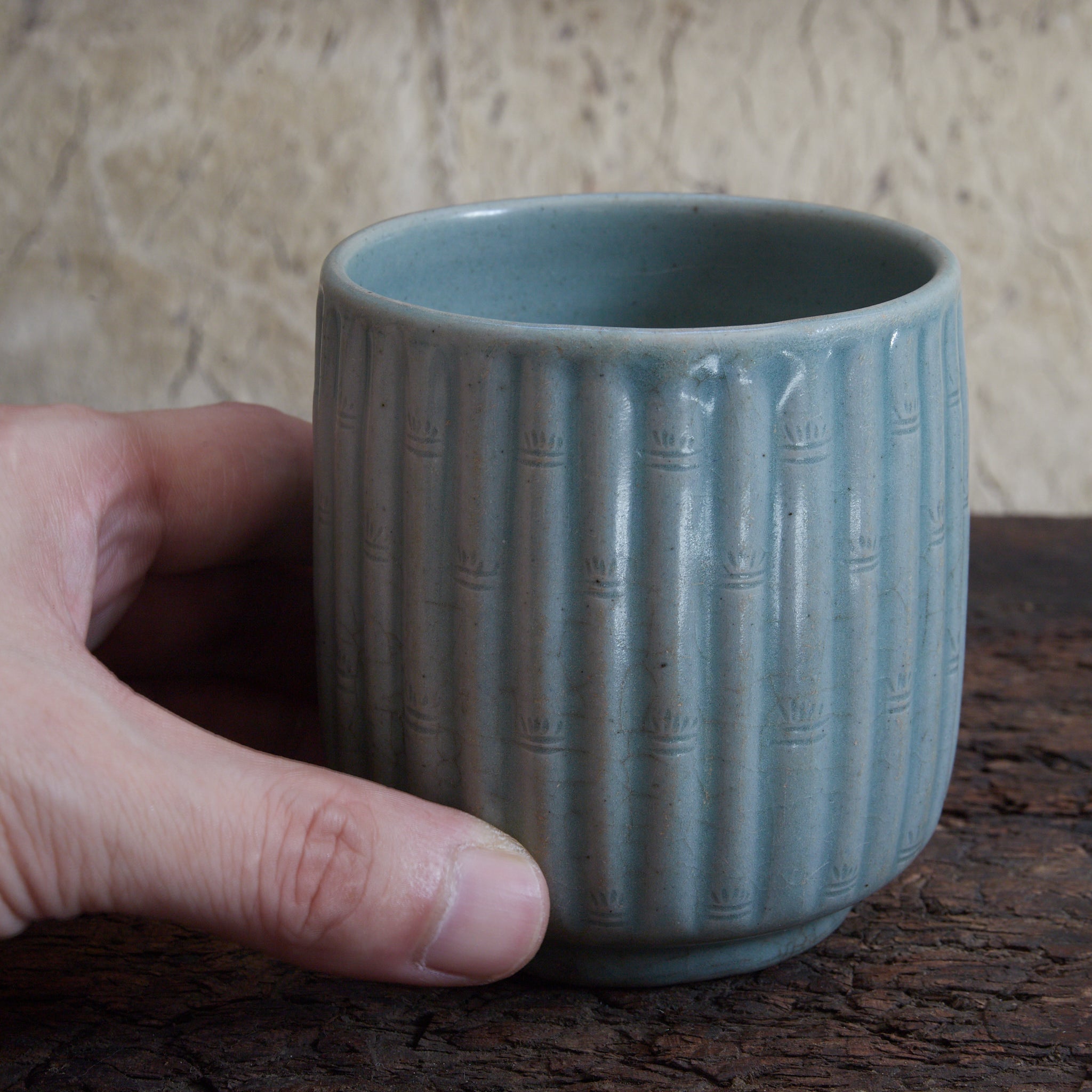 CYLINDRICAL CUP, Celadon with relief-carved bamboo-joint pattern, With wooden box, Goryeo Dynasty (918–1392 CE) | Detail image 2