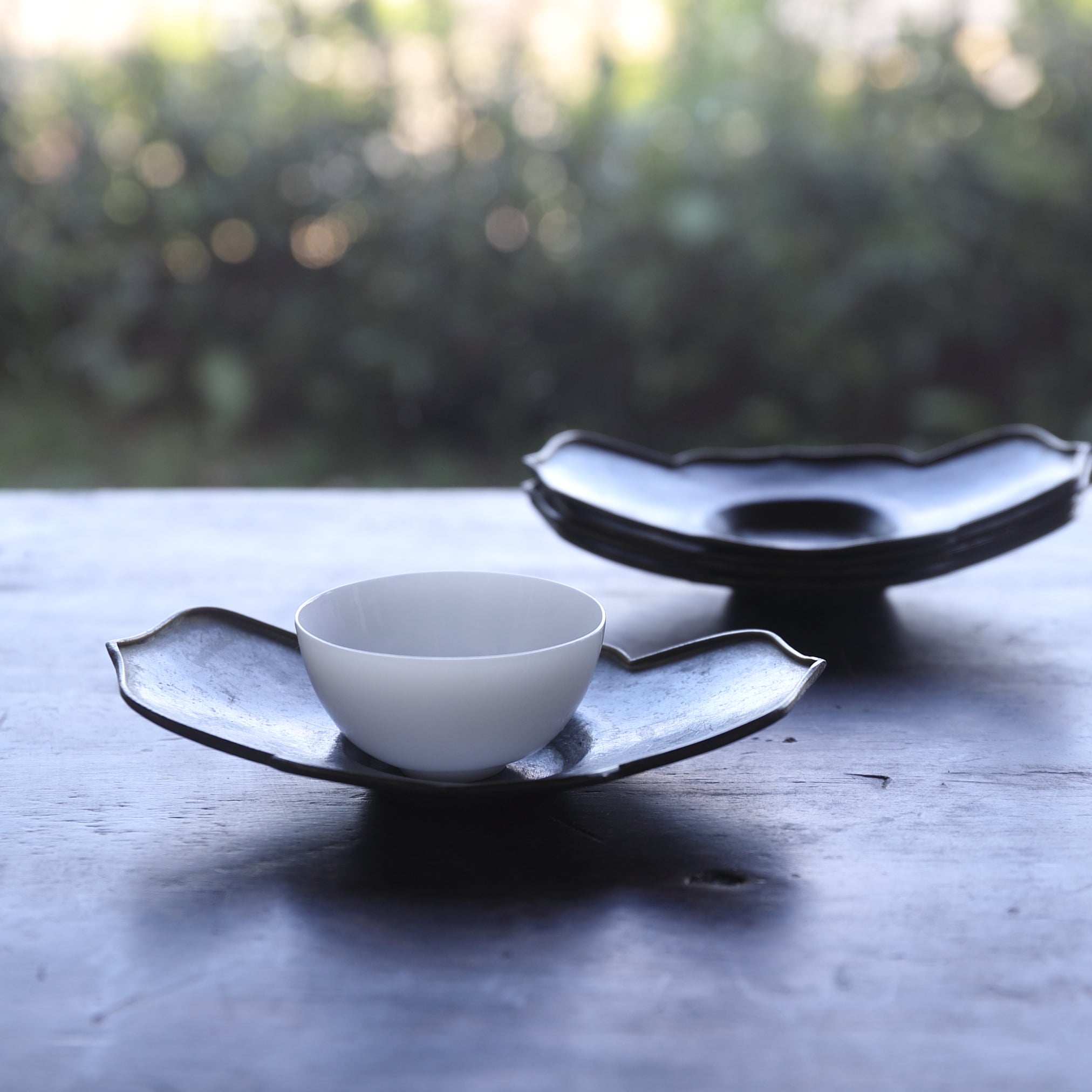 Antique Tin and Copper-edged Wheel Flower-shaped Tea coasters, Wu Ke, Qing Dynasty (1616-1911 CE)