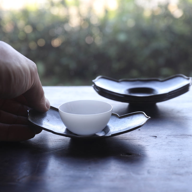 煎茶道具 明治期 古錫製小判形茶托 五客セット在銘 共箱☆総重427gサイズ