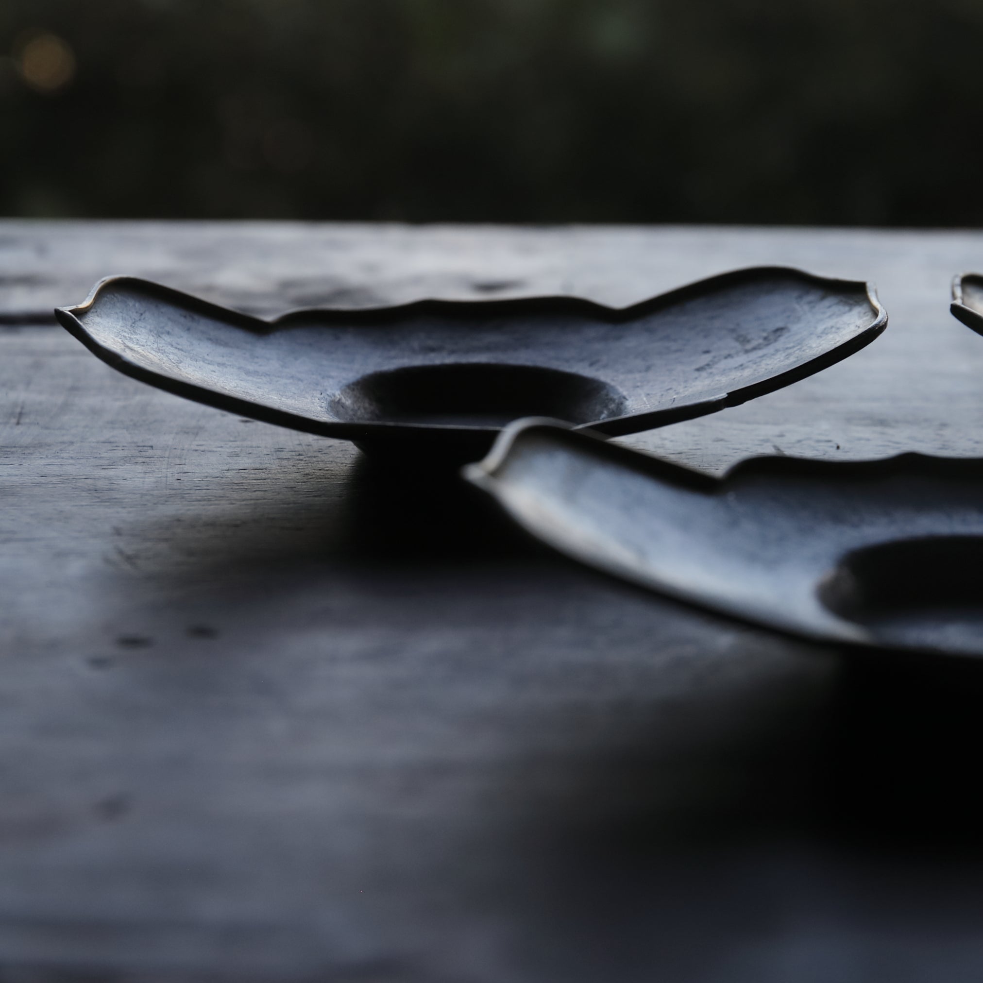 Antique Tin and Copper-edged Wheel Flower-shaped Tea coasters, Wu Ke, Qing Dynasty (1616-1911 CE)