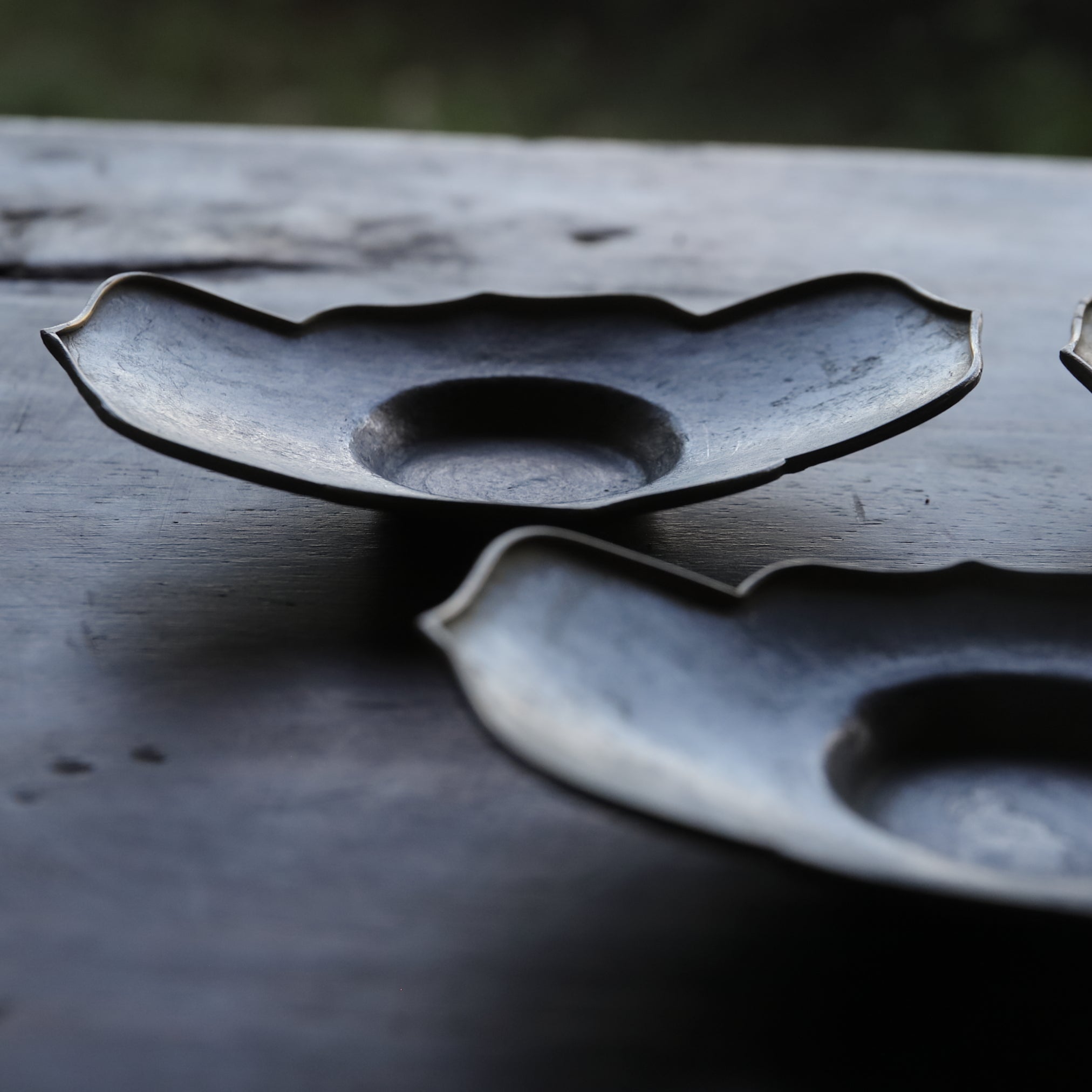 Antique Tin and Copper-edged Wheel Flower-shaped Tea coasters, Wu Ke, Qing Dynasty (1616-1911 CE)