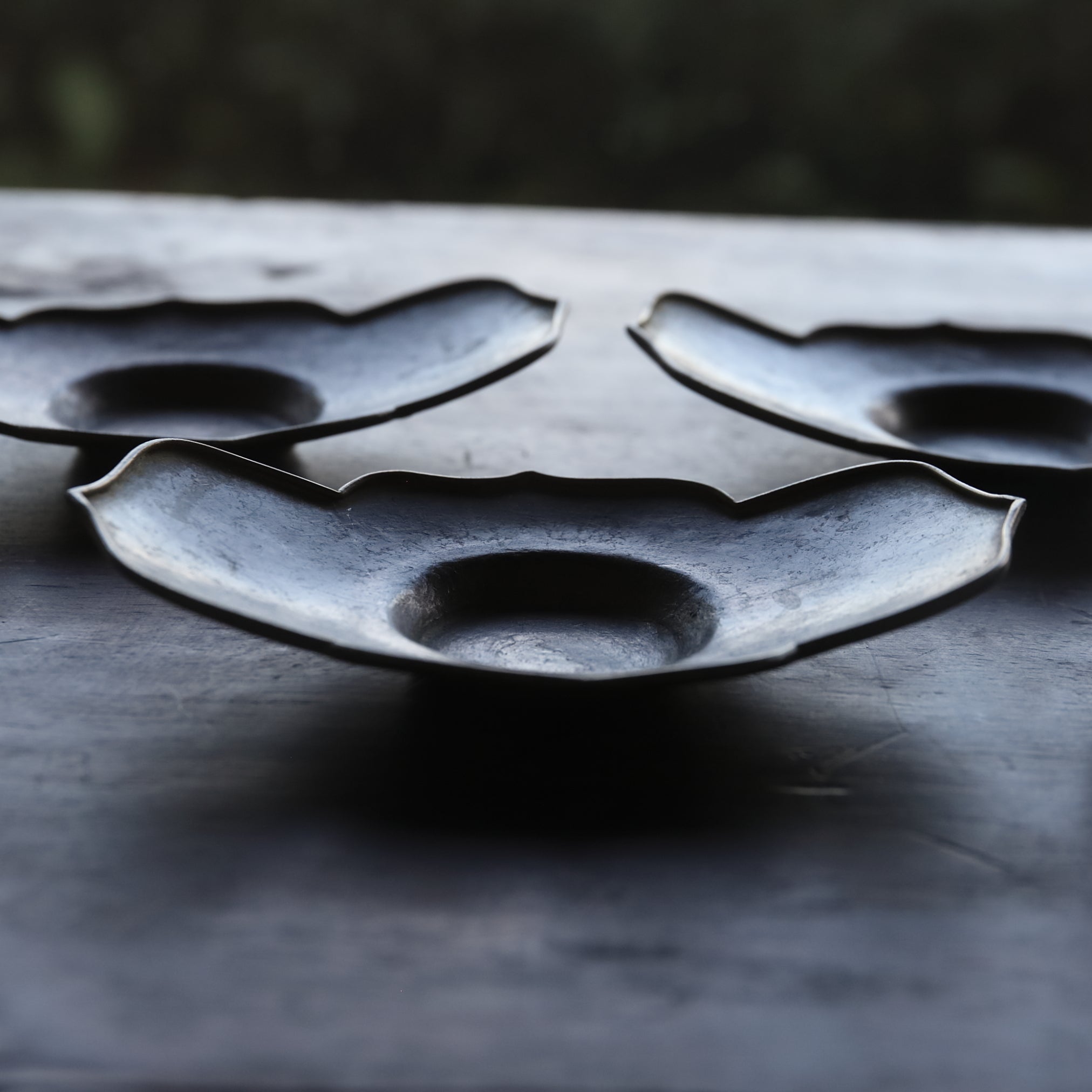 Antique Tin and Copper-edged Wheel Flower-shaped Tea coasters, Wu Ke, Qing Dynasty (1616-1911 CE)