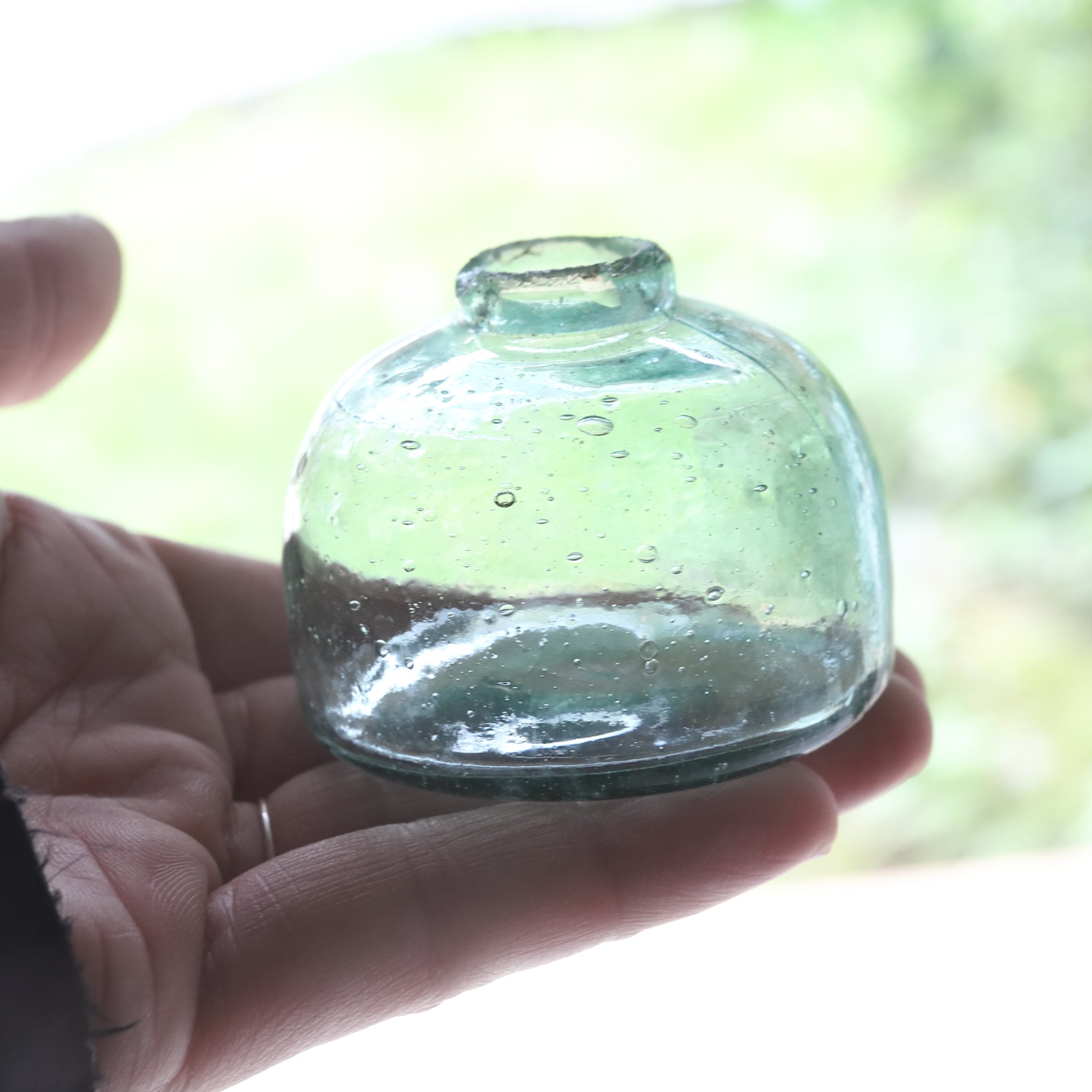 Antique Small Glass Bottle with Air Bubbles (Green), Taisho Period (1912-1926 CE)