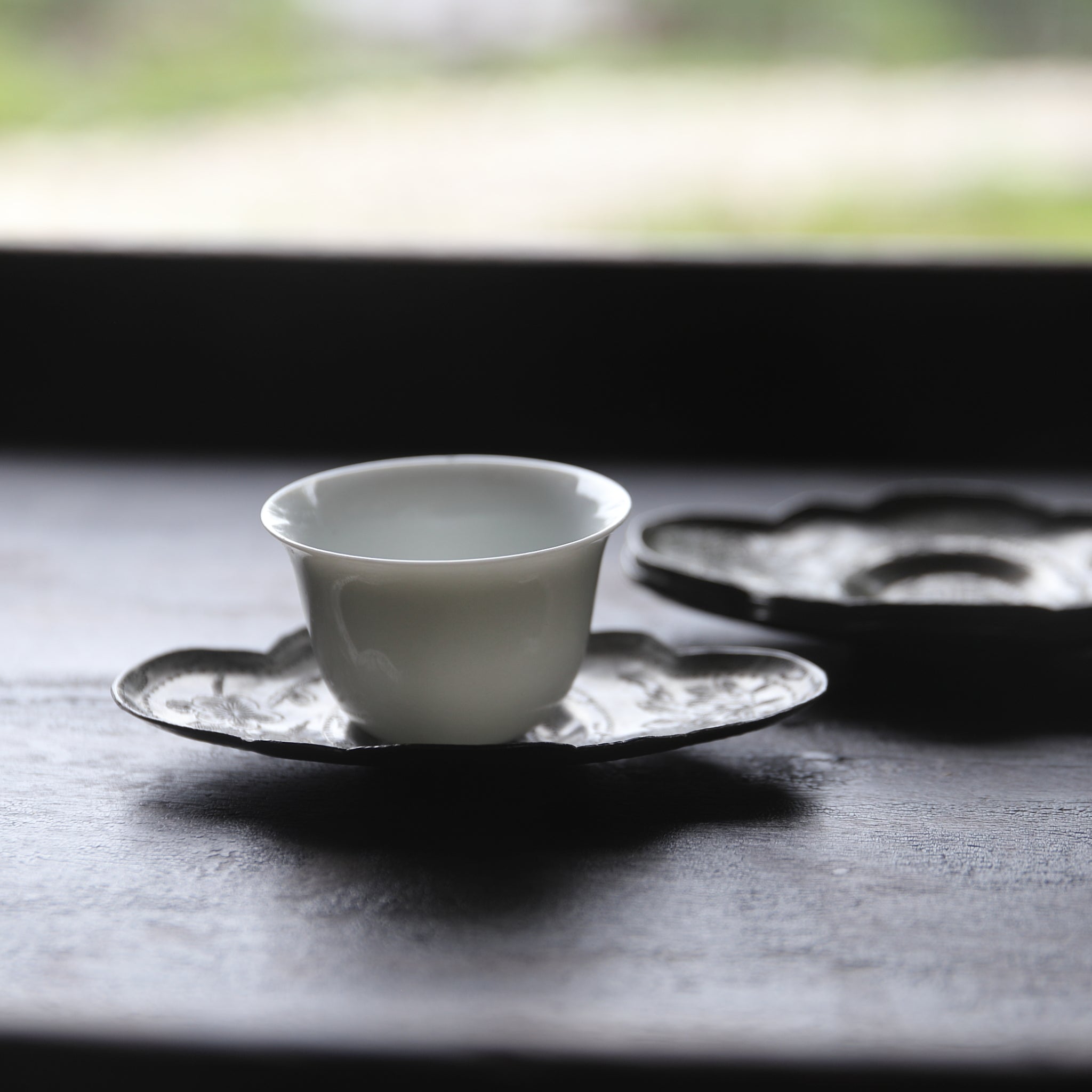 Antique tin teacup with plum blossom and small flower-shaped tea saucer set of 5, Qing dynasty/1616-1911CE