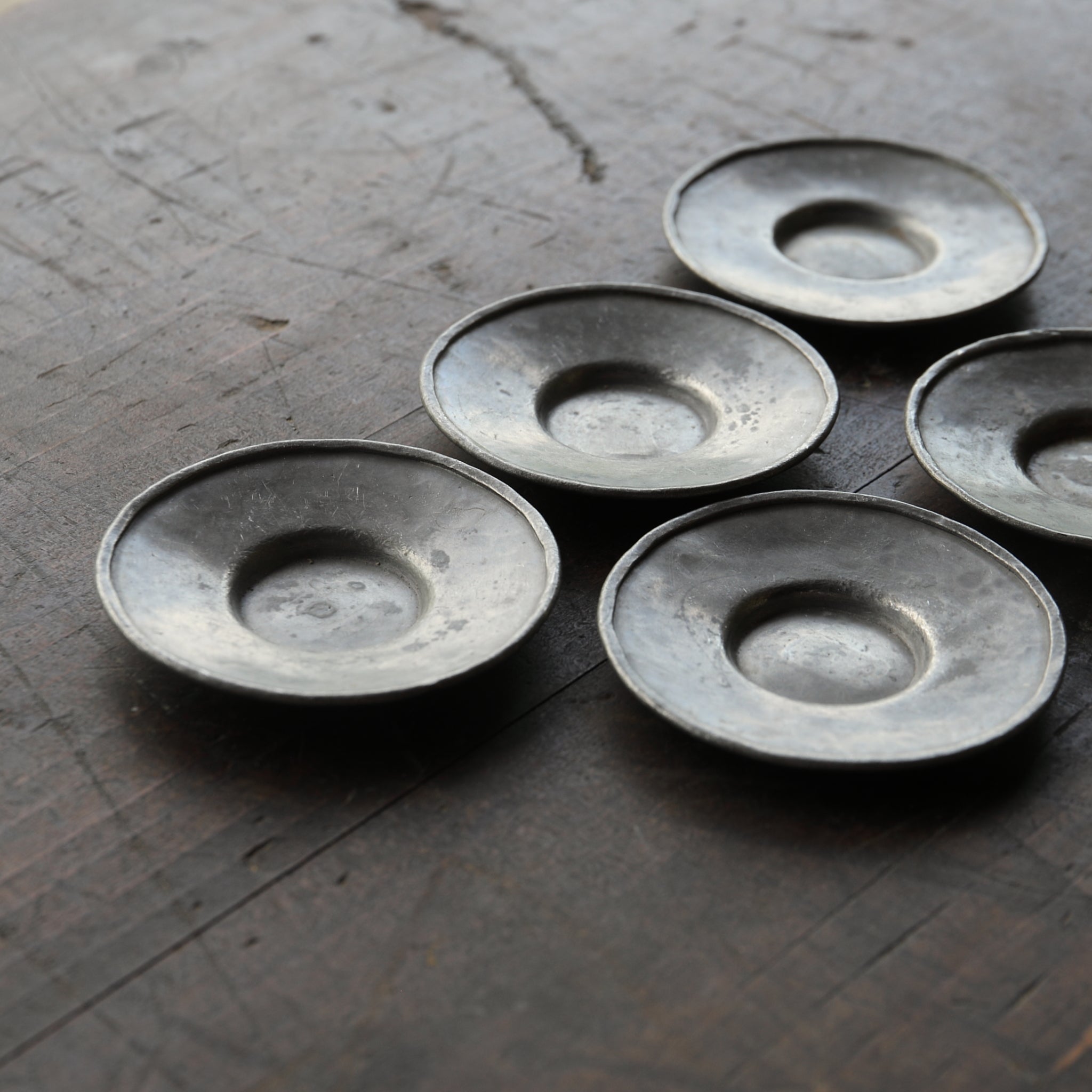 Qing Dynasty Antique Tin Round Small Tea Tray with Inscription, with Wooden Box, Qing Dynasty (1616-1911CE)