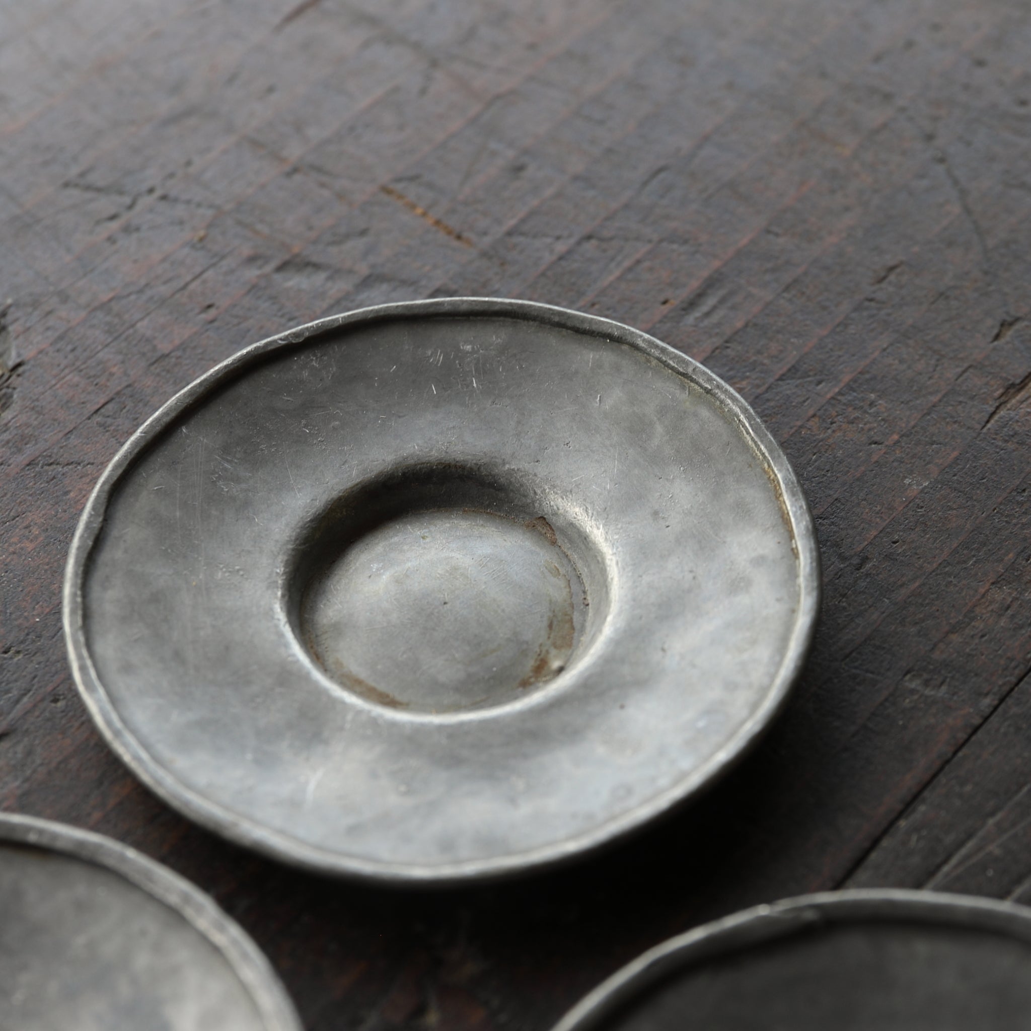 Qing Dynasty Antique Tin Round Small Tea Tray with Inscription, with Wooden Box, Qing Dynasty (1616-1911CE)