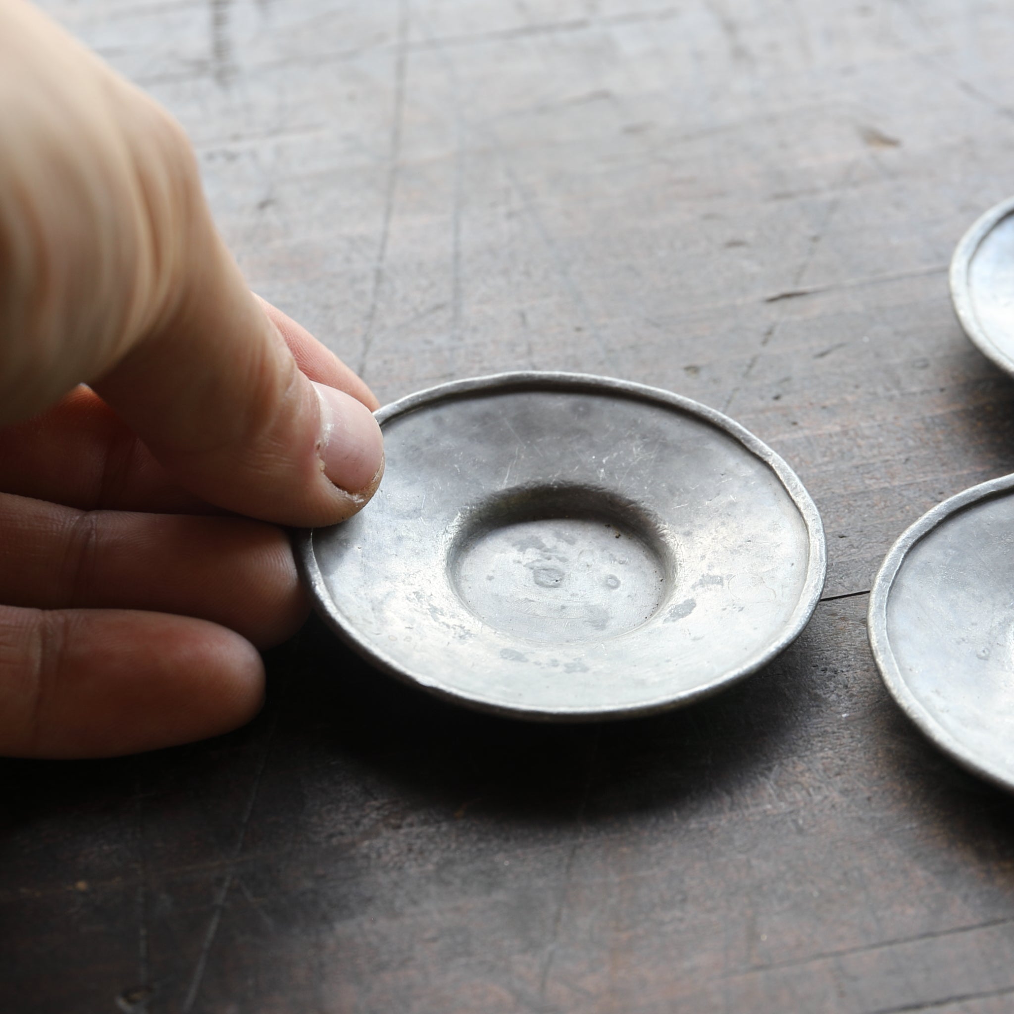 Qing Dynasty Antique Tin Round Small Tea Tray with Inscription, with Wooden Box, Qing Dynasty (1616-1911CE)