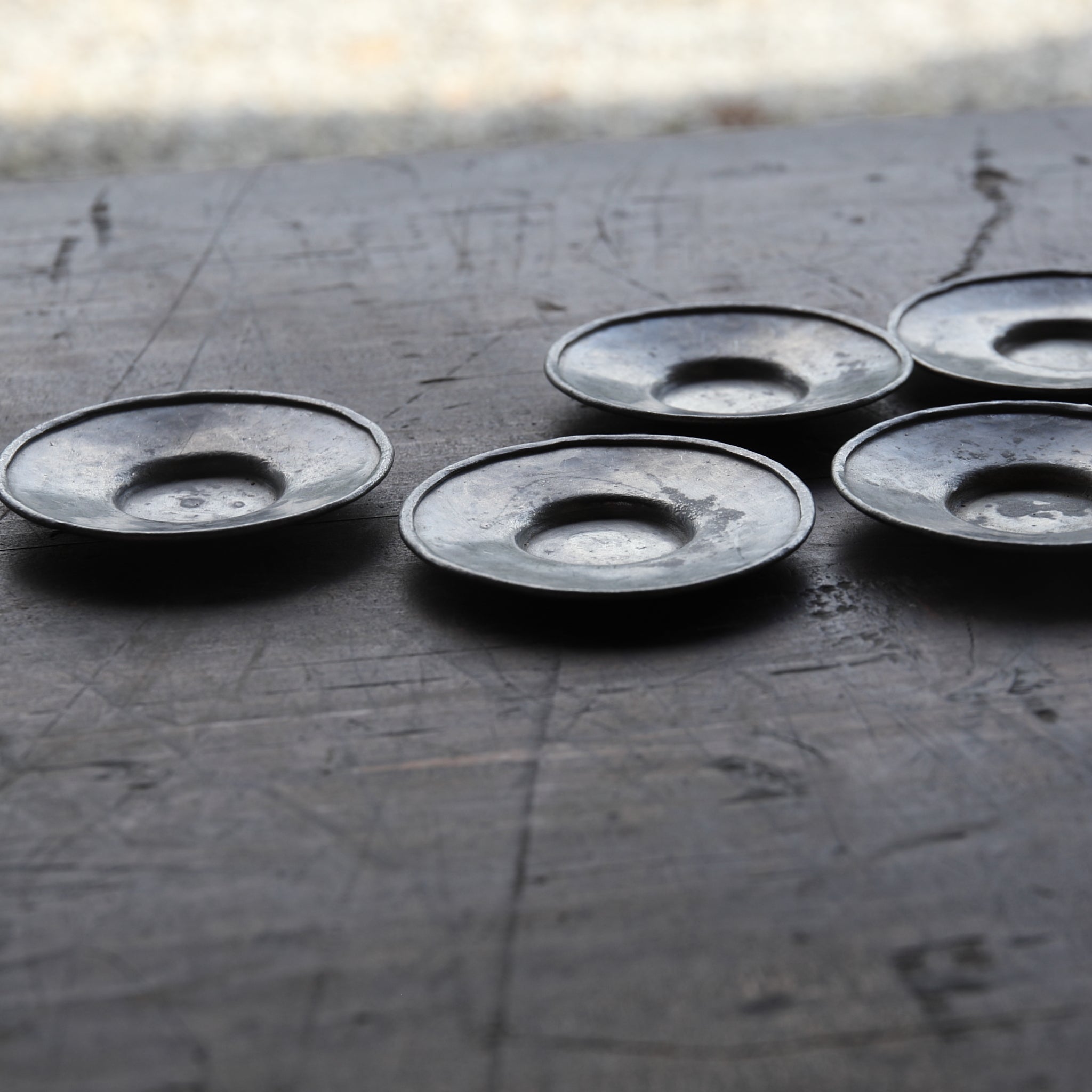 Qing Dynasty Antique Tin Round Small Tea Tray with Inscription, with Wooden Box, Qing Dynasty (1616-1911CE)