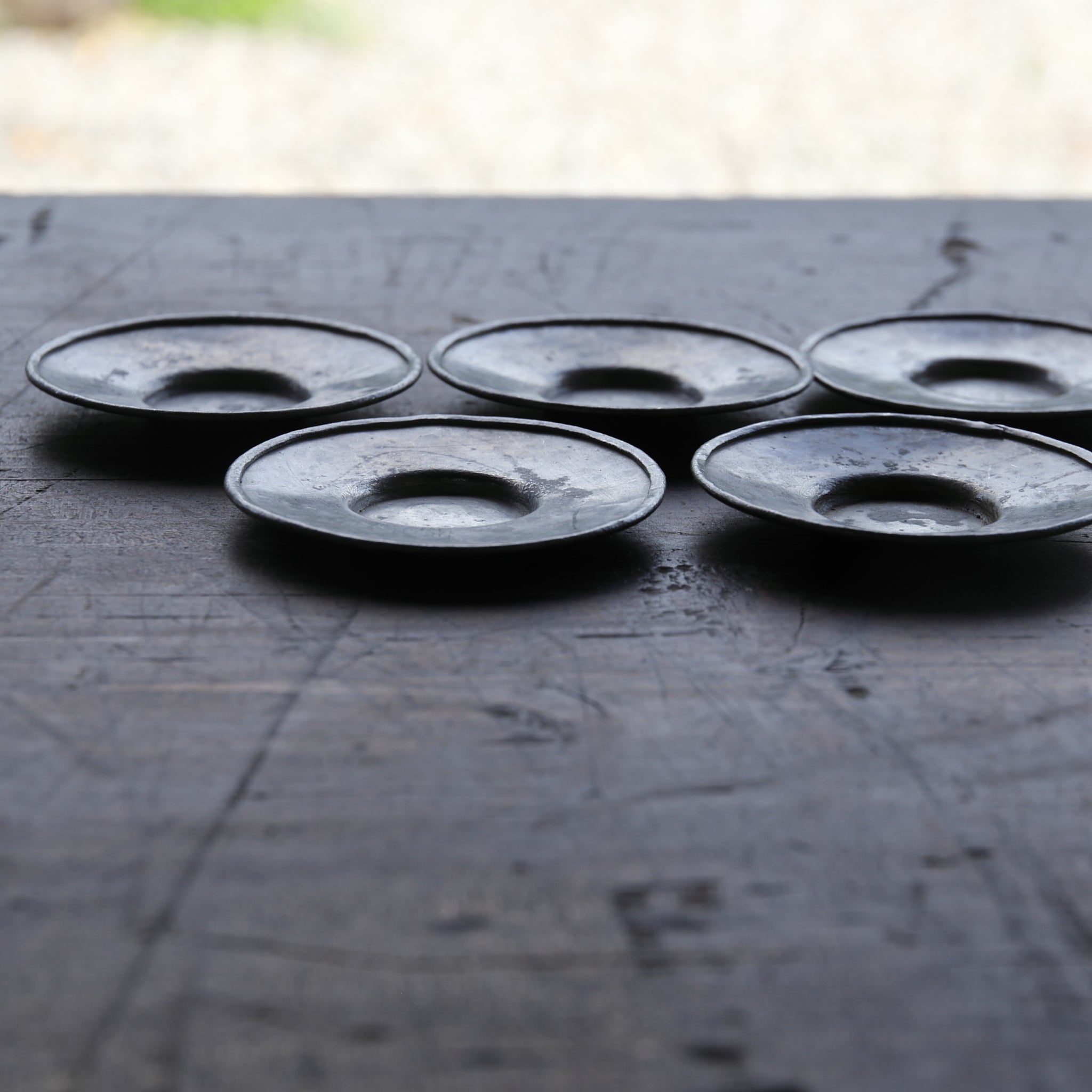 Qing Dynasty Antique Tin Round Small Tea Tray with Inscription, with Wooden Box, Qing Dynasty (1616-1911CE)